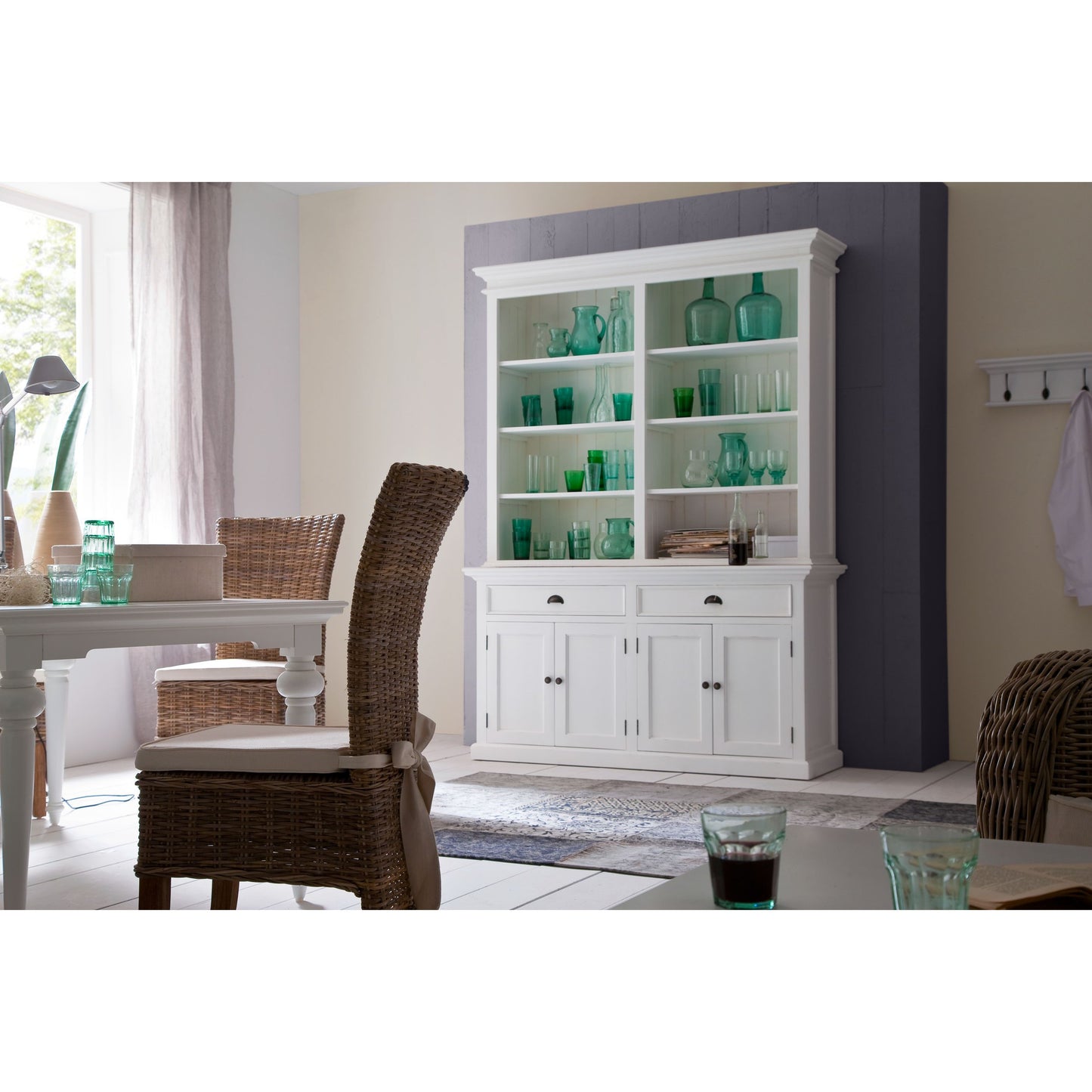 NovaSolo Halifax 63" Classic White Mahogany Bookcase Hutch Cabinet With 4 Doors & 8 Shelves