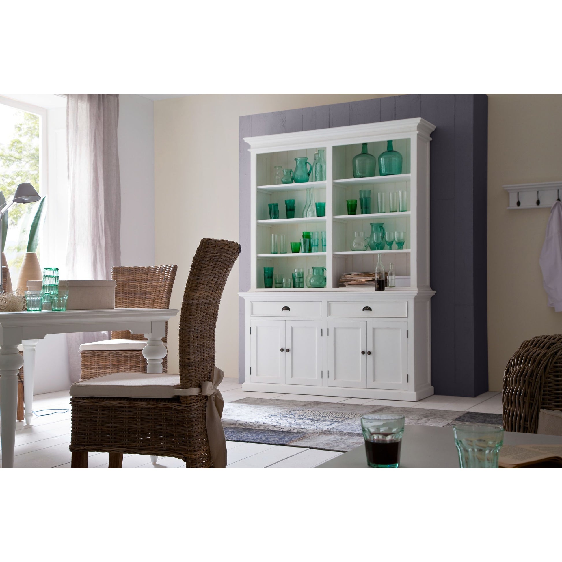 NovaSolo Halifax 63" Classic White Mahogany Bookcase Hutch Cabinet With 4 Doors & 8 Shelves