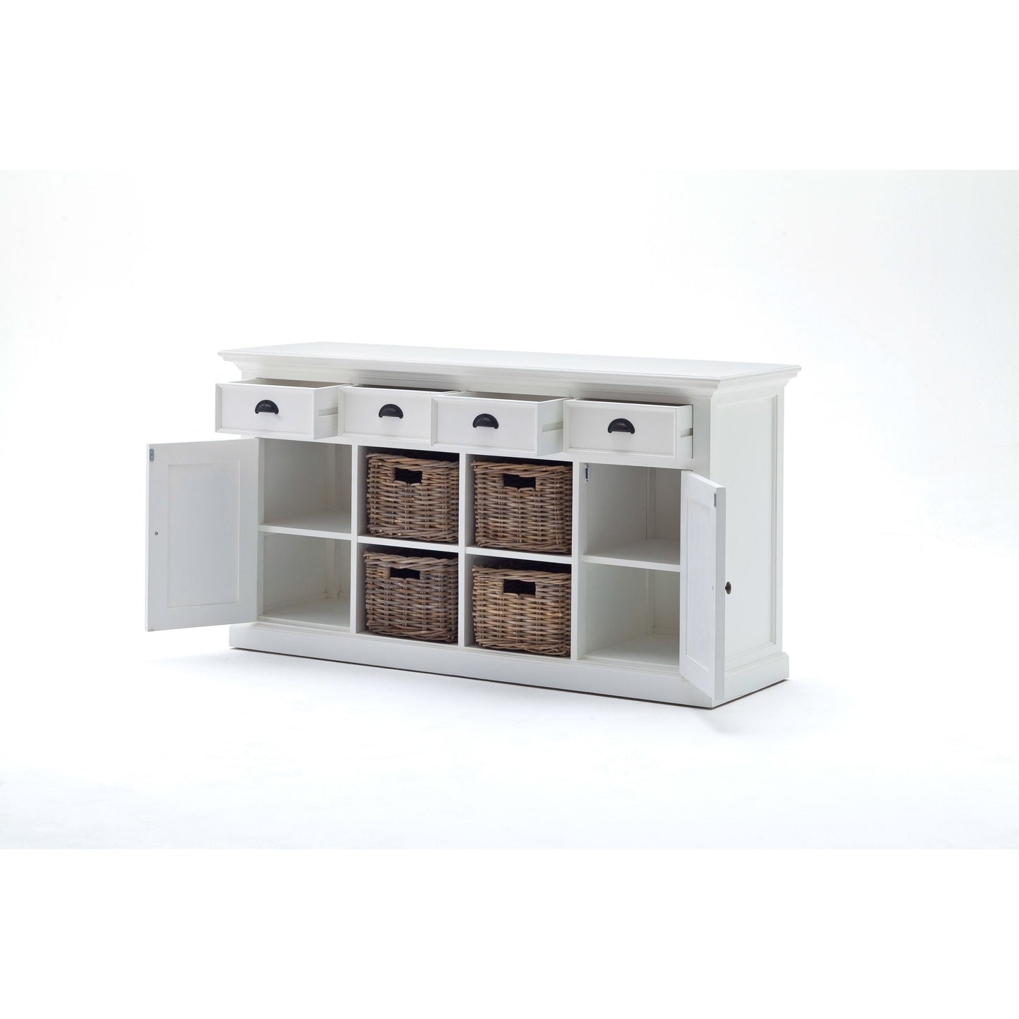 NovaSolo Halifax 63" Classic White Mahogany Buffet With 4 Drawers & 4 Rattan Baskets