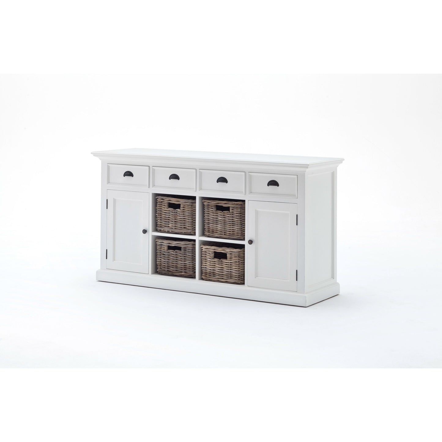 NovaSolo Halifax 63" Classic White Mahogany Buffet With 4 Drawers & 4 Rattan Baskets