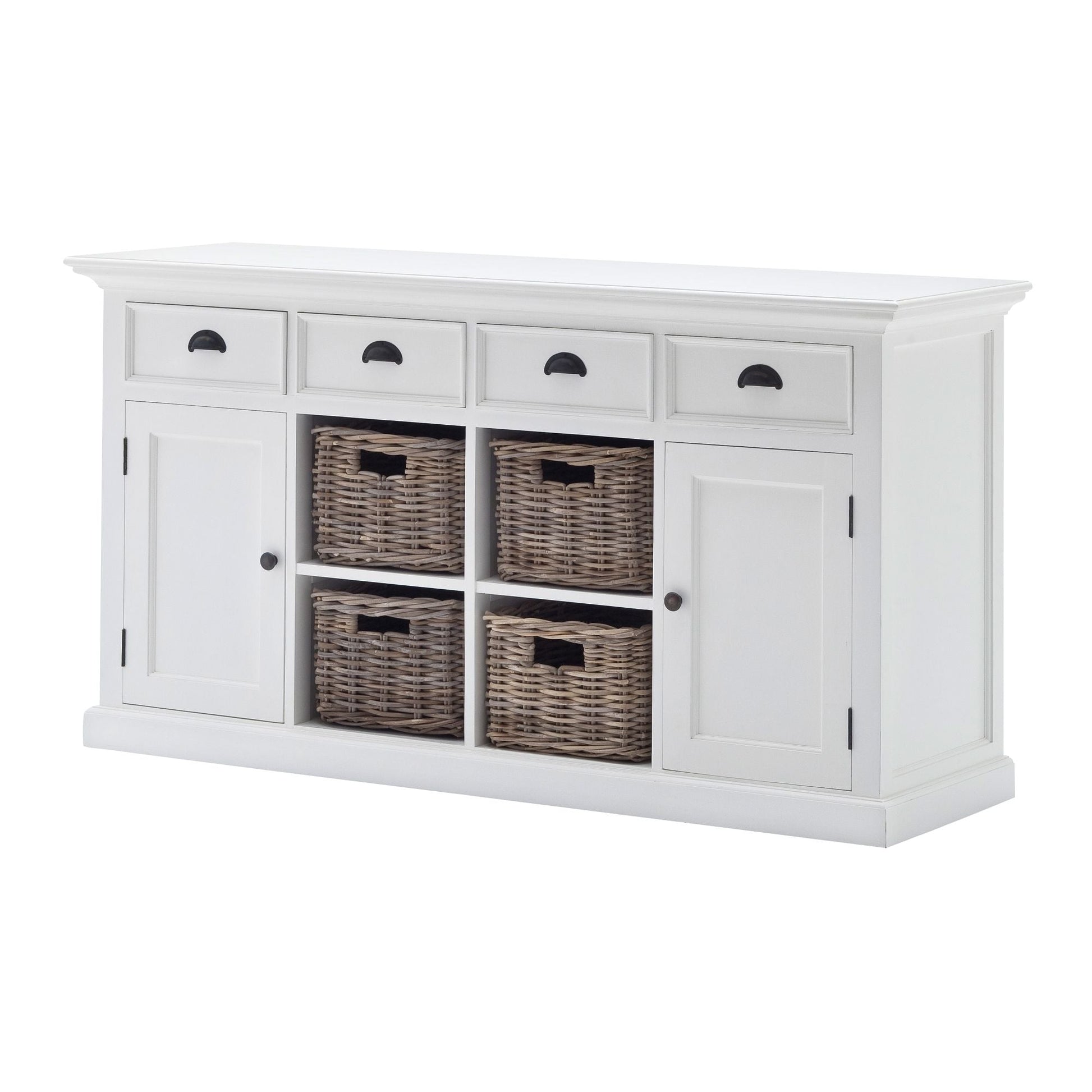 NovaSolo Halifax 63" Classic White Mahogany Buffet With 4 Drawers & 4 Rattan Baskets