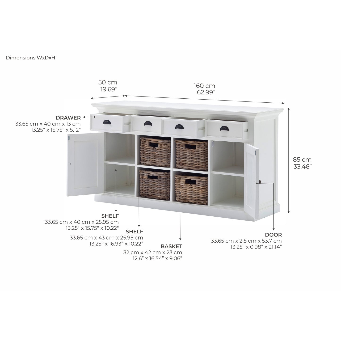 NovaSolo Halifax 63" Classic White Mahogany Buffet With 4 Drawers & 4 Rattan Baskets