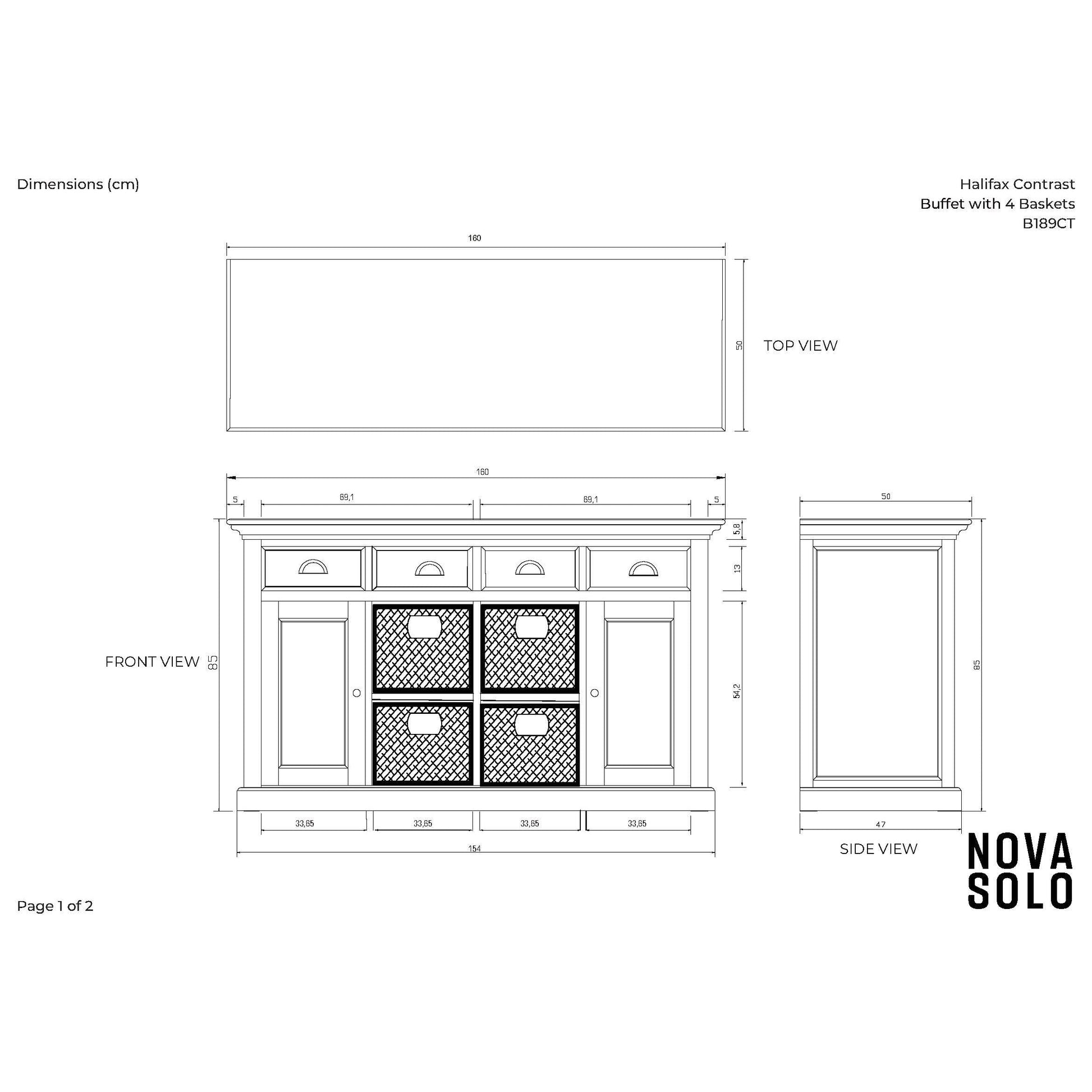 NovaSolo Halifax 63" Classic White Mahogany Buffet With 4 Drawers & 4 Rattan Baskets