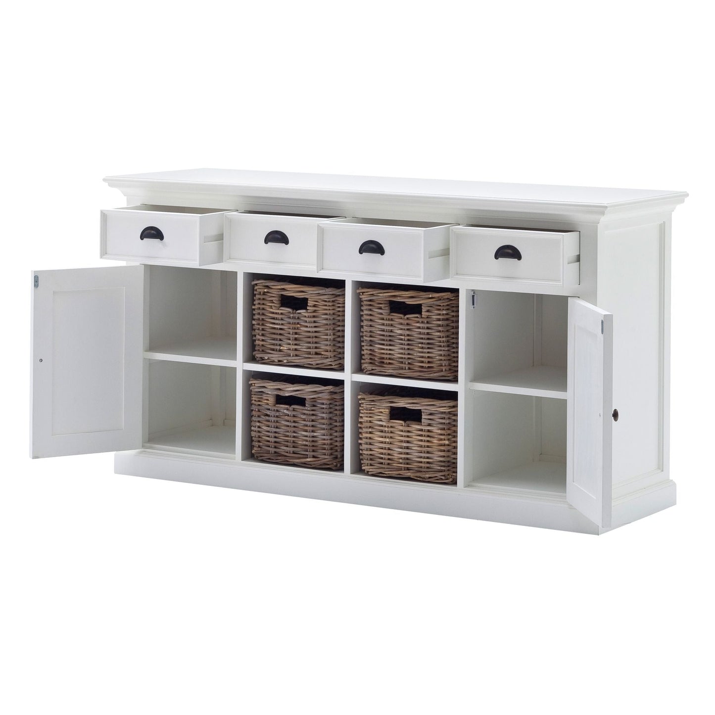 NovaSolo Halifax 63" Classic White Mahogany Buffet With 4 Drawers & 4 Rattan Baskets