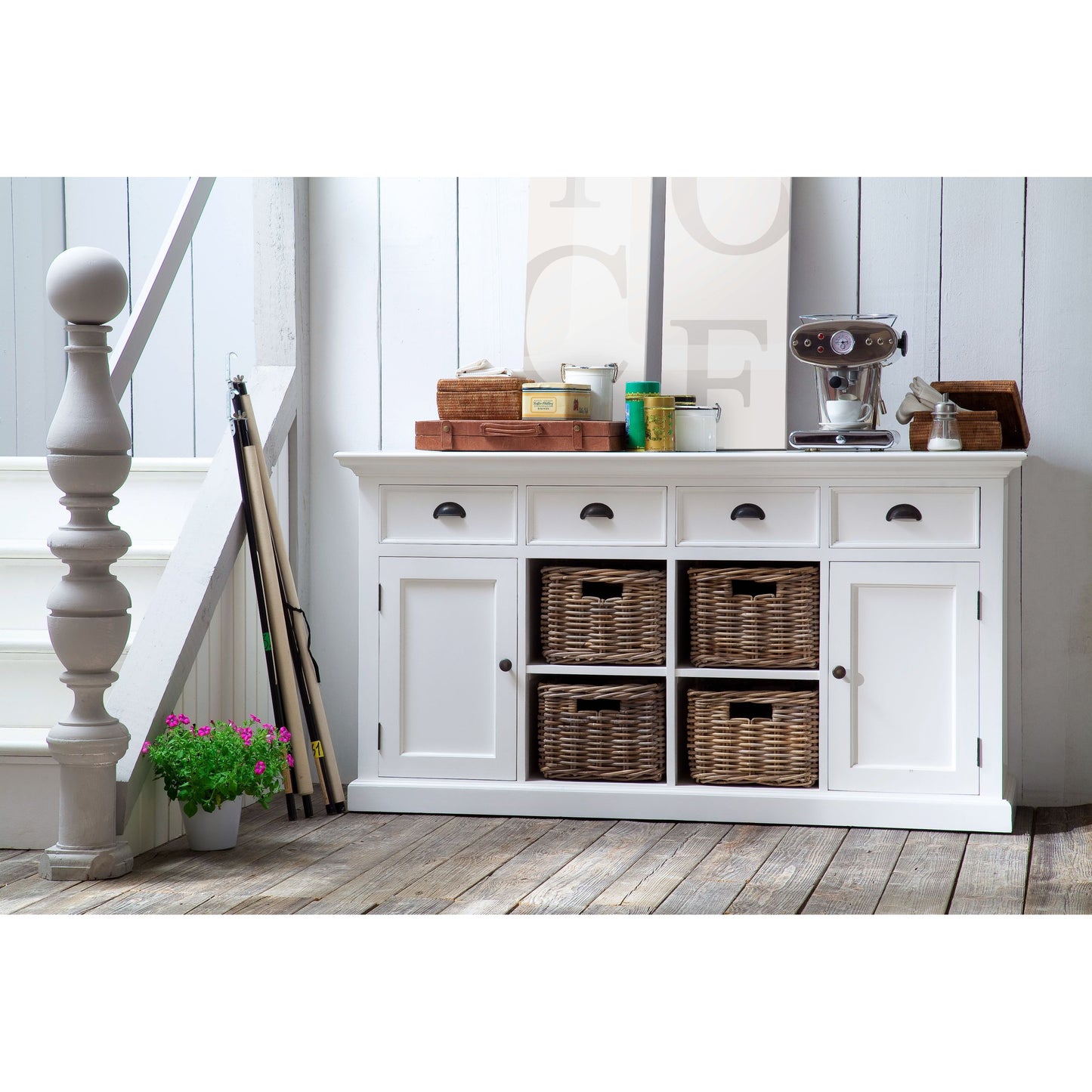 NovaSolo Halifax 63" Classic White Mahogany Buffet With 4 Drawers & 4 Rattan Baskets