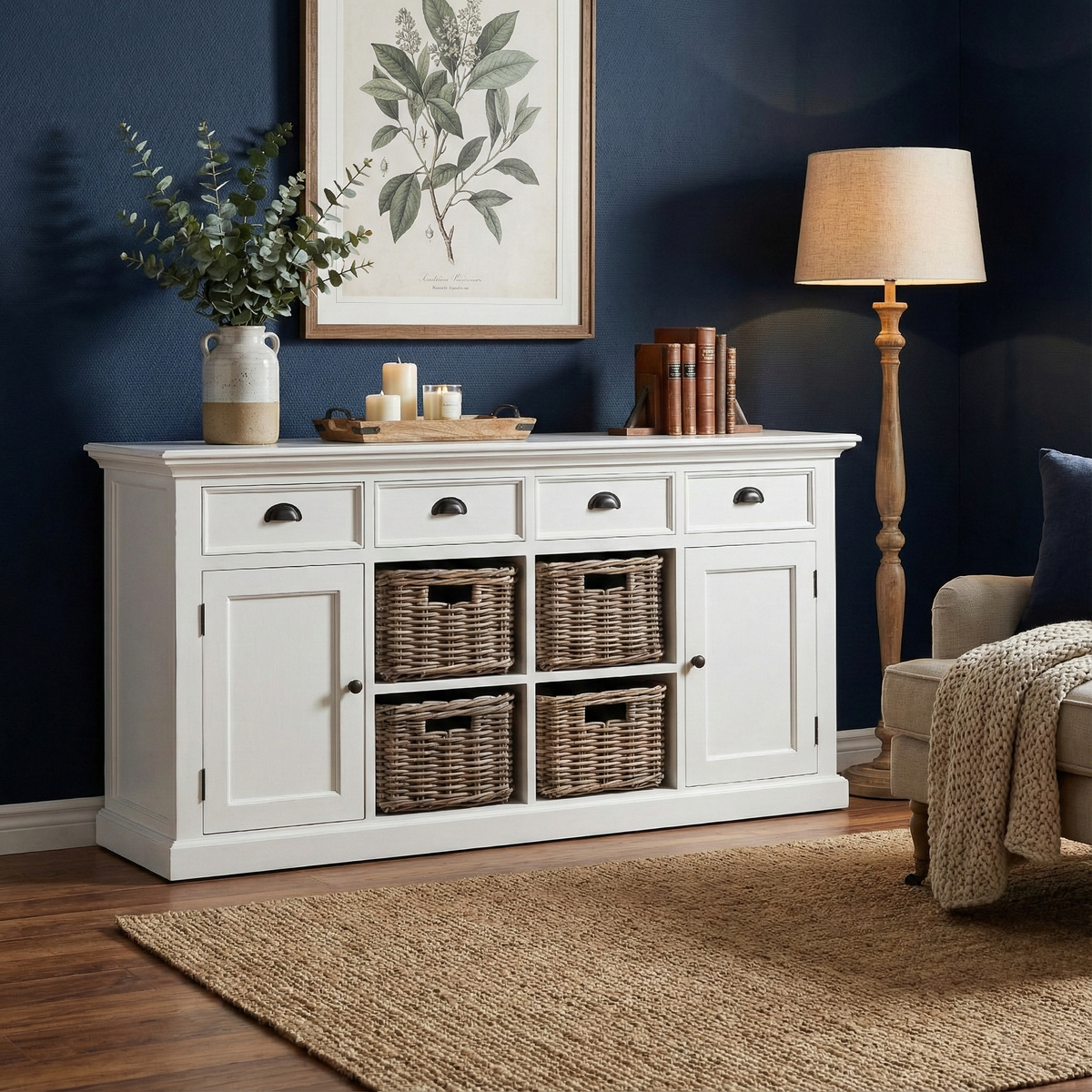NovaSolo Halifax 63" Classic White Mahogany Buffet With 4 Drawers & 4 Rattan Baskets