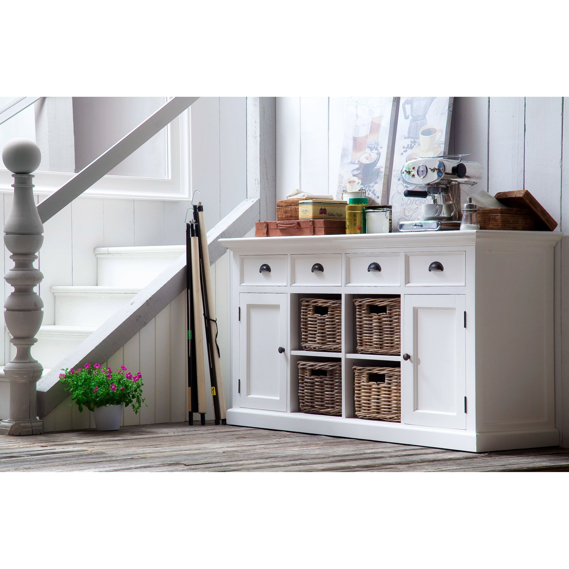 NovaSolo Halifax 63" Classic White Mahogany Buffet With 4 Drawers & 4 Rattan Baskets