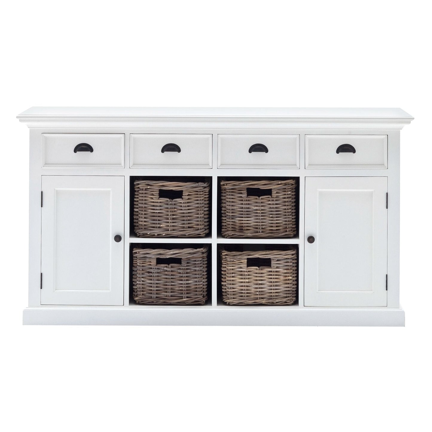 NovaSolo Halifax 63" Classic White Mahogany Buffet With 4 Drawers & 4 Rattan Baskets