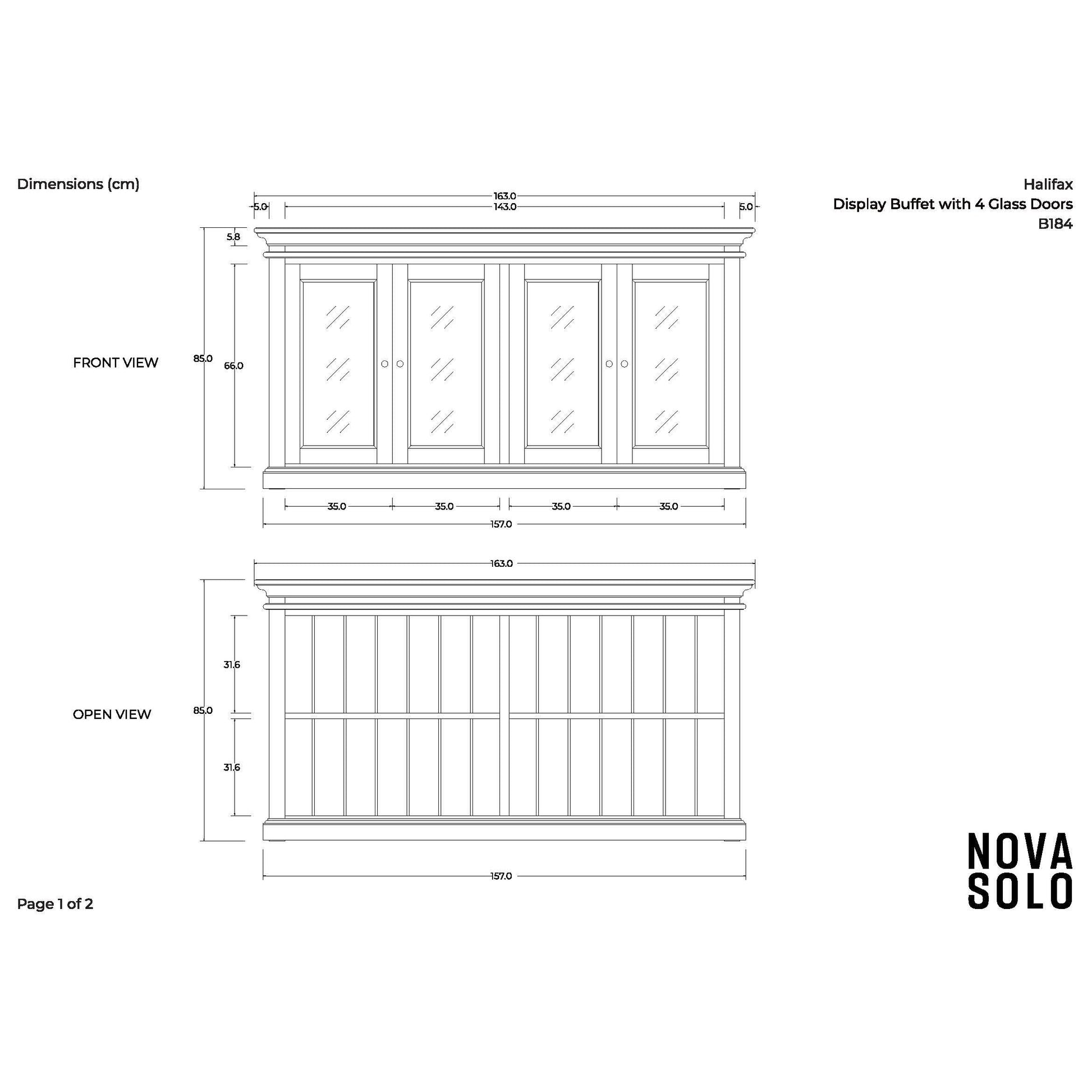 NovaSolo Halifax 64" Classic White Mahogany Buffet With 4 Glass Doors