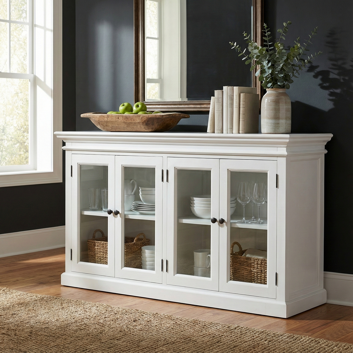 NovaSolo Halifax 64" Classic White Mahogany Buffet With 4 Glass Doors