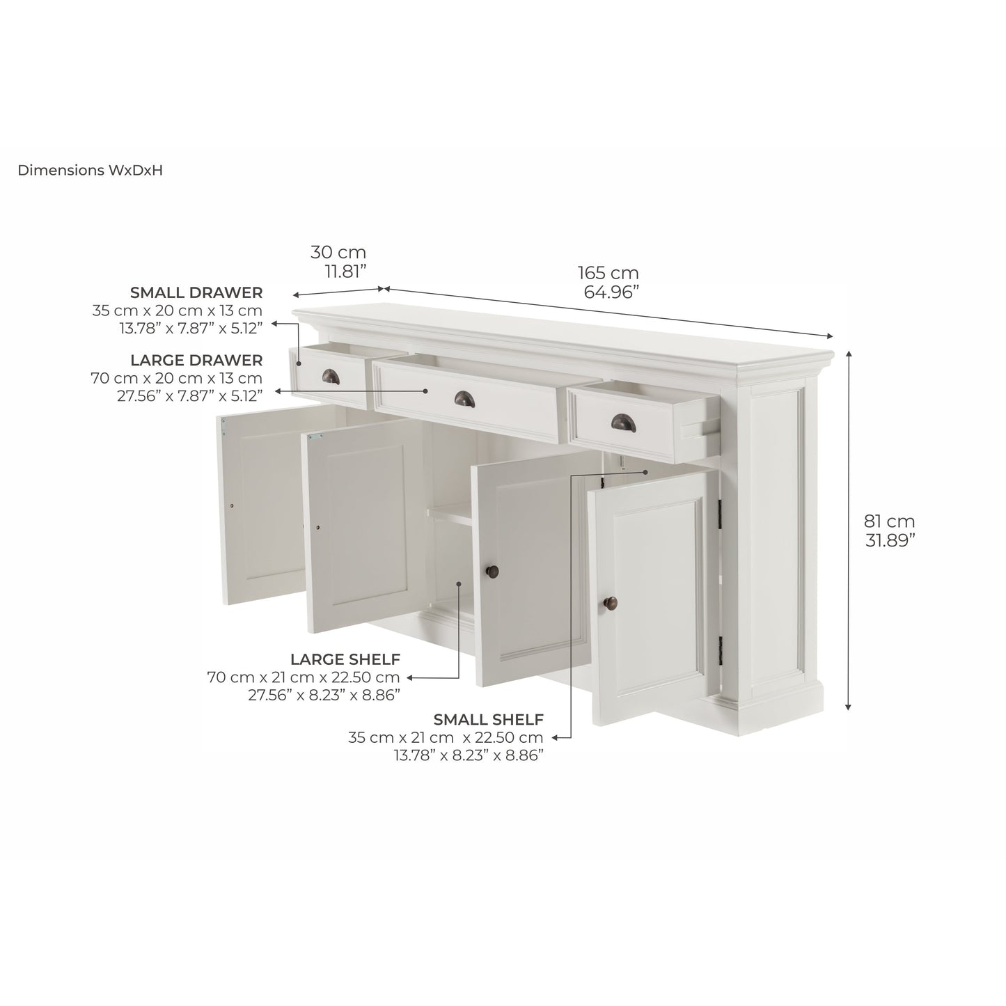 NovaSolo Halifax 65" Classic White Mahogany Buffet With 4 Doors & 3 Drawers