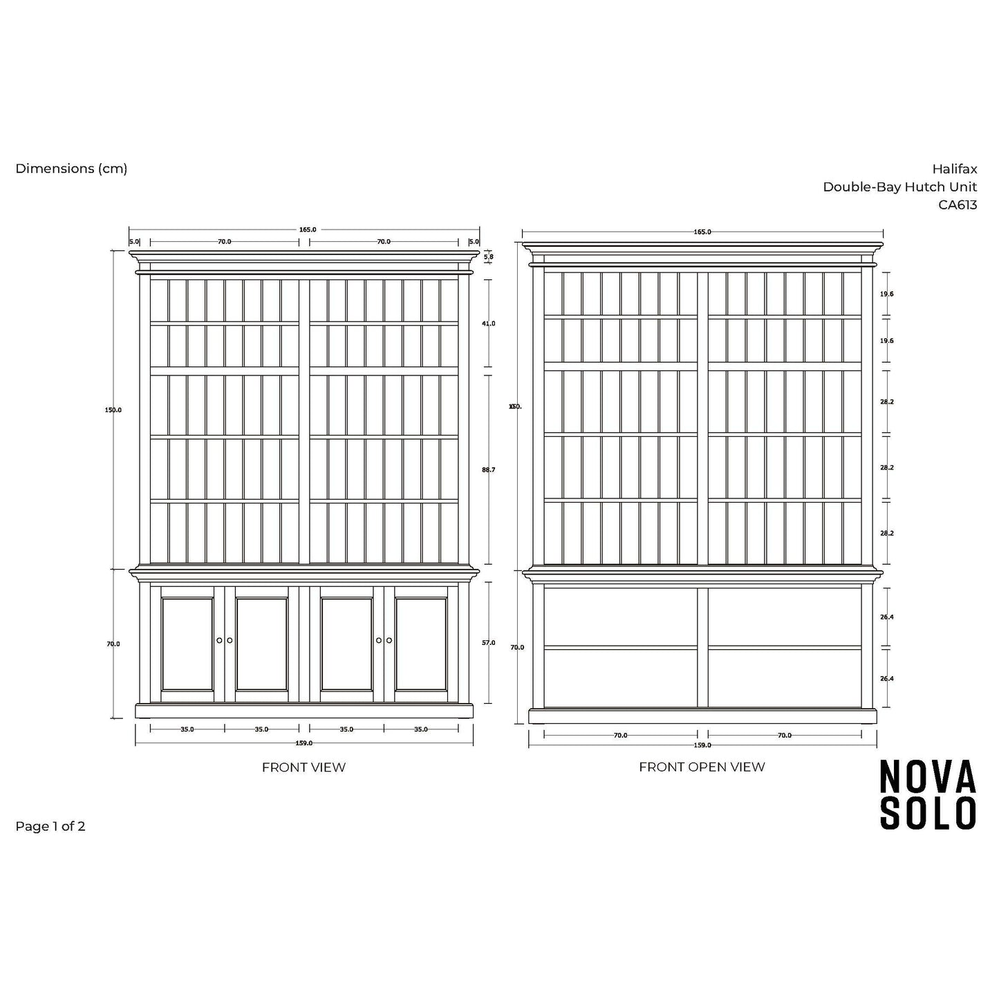 NovaSolo Halifax 65" Classic White Mahogany Double-Bay Hutch Cabinet With 4 Doors & 10 Shelves