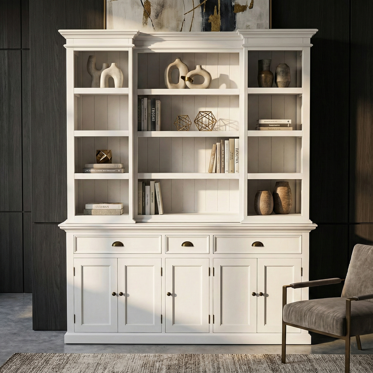 NovaSolo Halifax 71" Classic White Kitchen Hutch Cabinet With 5 Doors & 3 Drawers