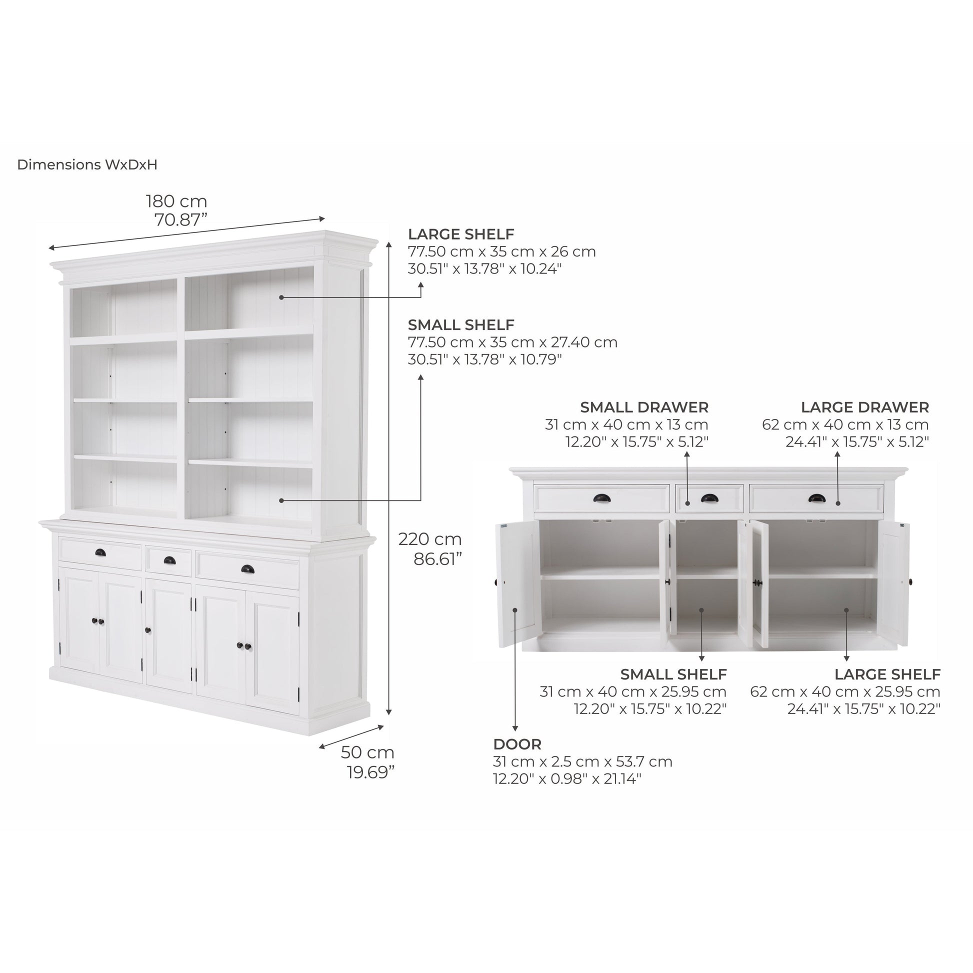 NovaSolo Halifax 71" Classic White Mahogany Bookcase Hutch Cabinet With 5 Doors & 8 Shelves