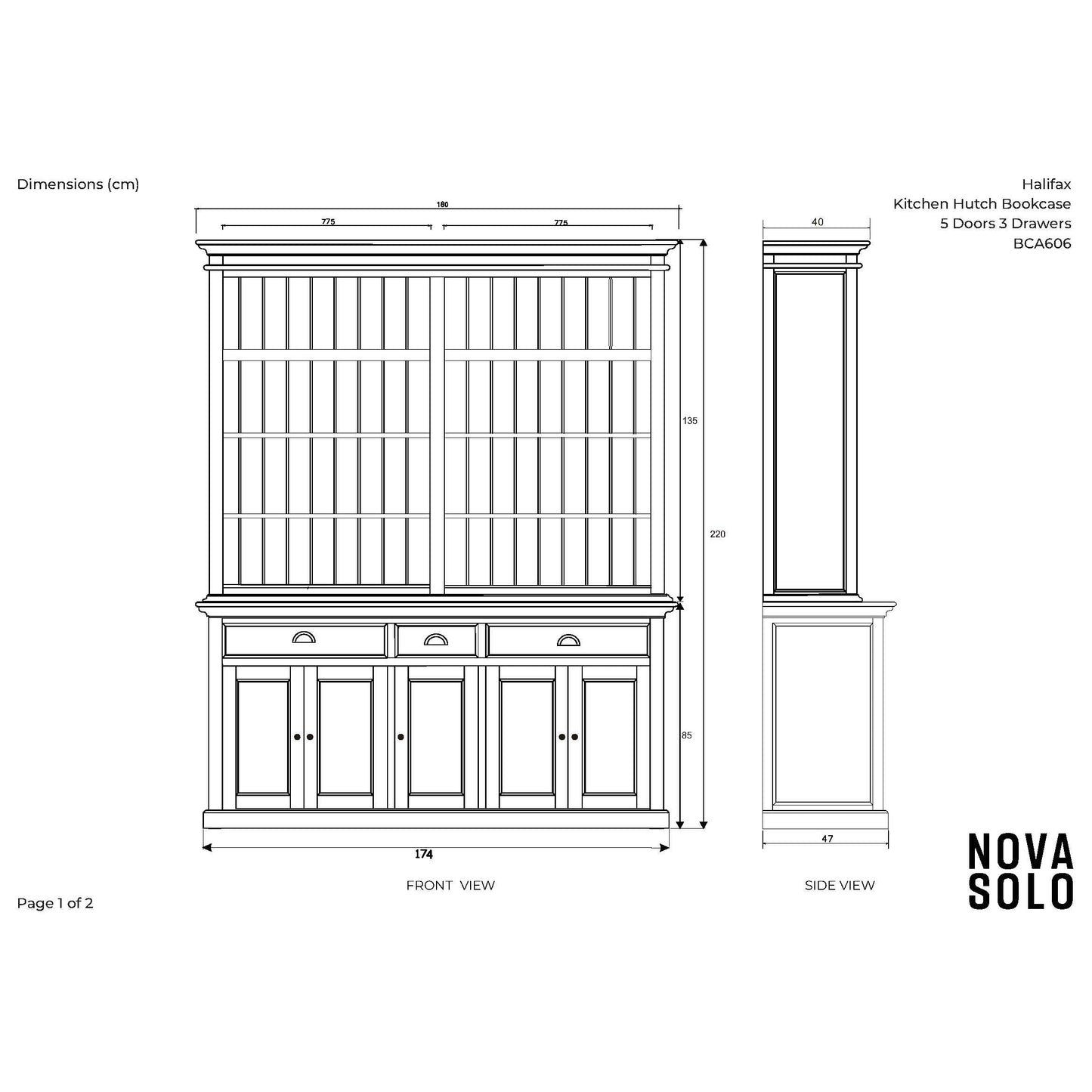 NovaSolo Halifax 71" Classic White Mahogany Bookcase Hutch Cabinet With 5 Doors & 8 Shelves