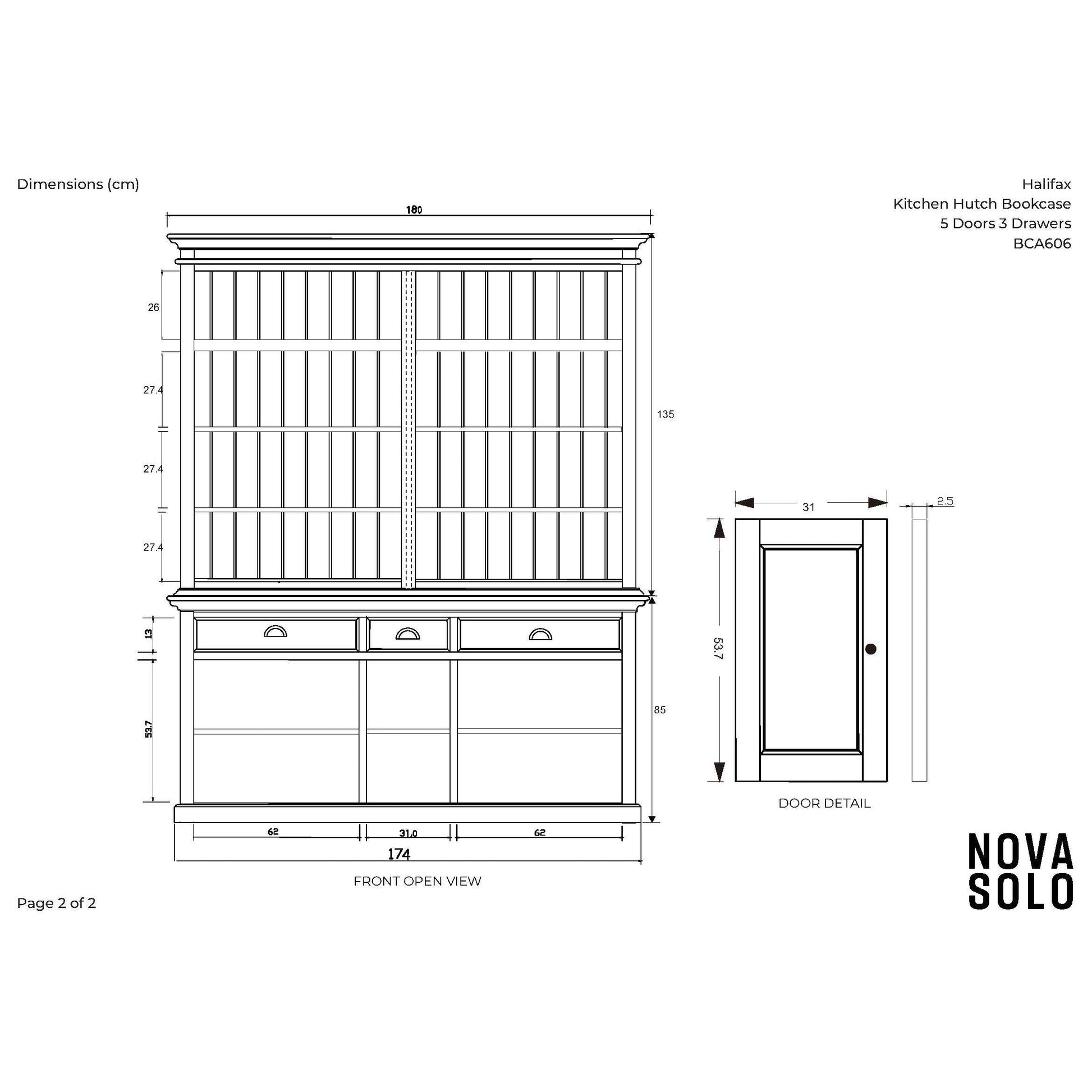 NovaSolo Halifax 71" Classic White Mahogany Bookcase Hutch Cabinet With 5 Doors & 8 Shelves