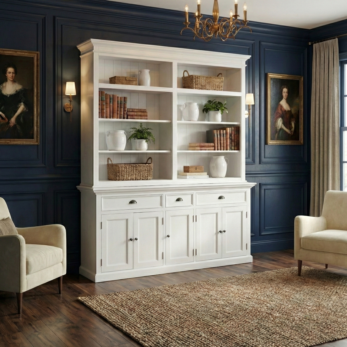 NovaSolo Halifax 71" Classic White Mahogany Bookcase Hutch Cabinet With 5 Doors & 8 Shelves