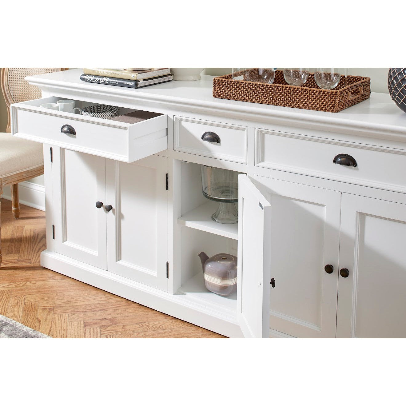 NovaSolo Halifax 71" Classic White Mahogany Buffet With 5 Doors & 3 Drawers