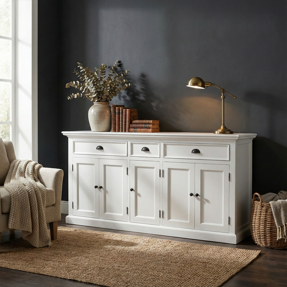 NovaSolo Halifax 71" Classic White Mahogany Buffet With 5 Doors & 3 Drawers