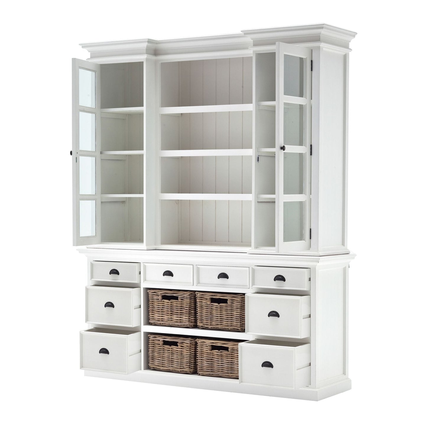 NovaSolo Halifax 71" Classic White Mahogany Library Hutch Cabinet With 4 Rattan Baskets