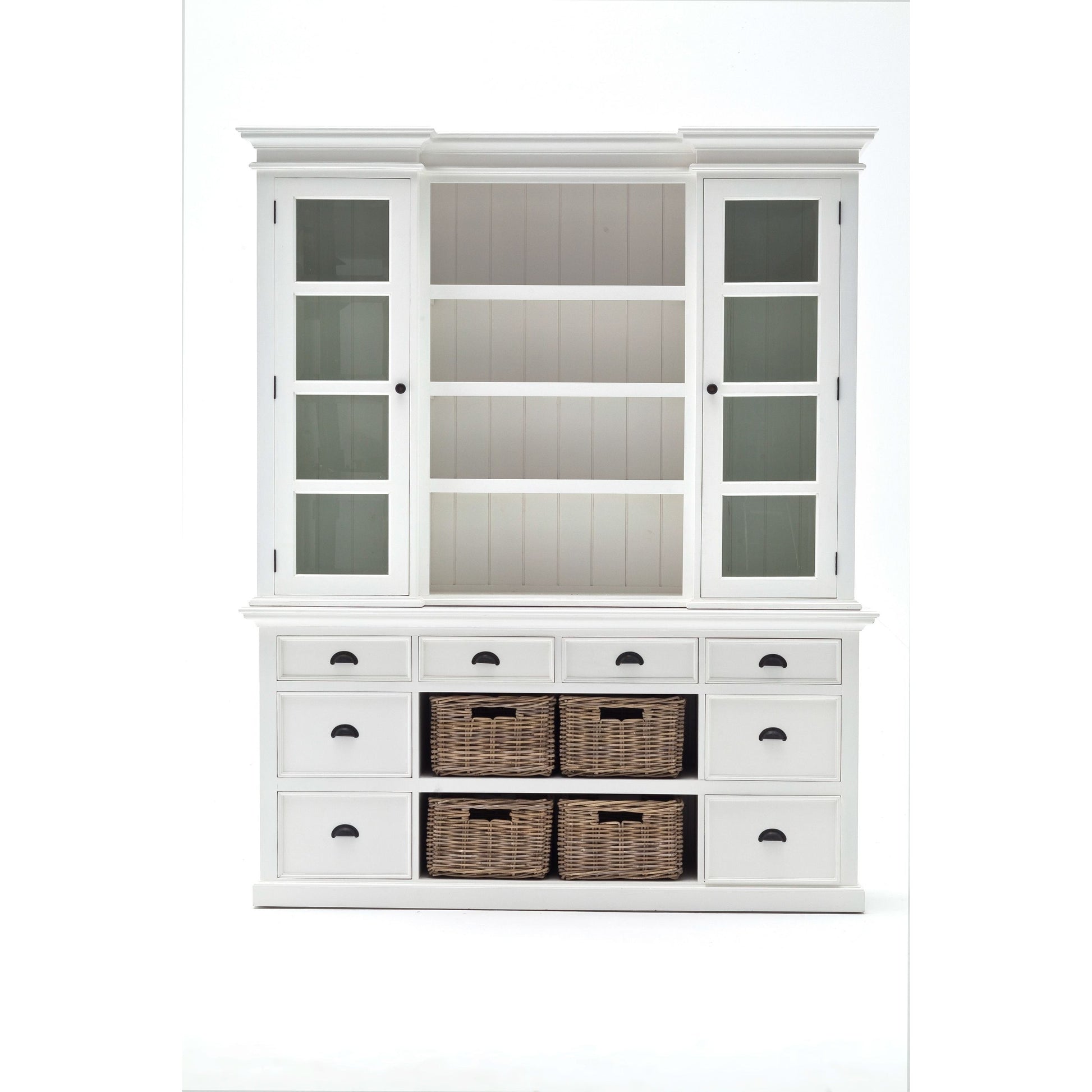 NovaSolo Halifax 71" Classic White Mahogany Library Hutch Cabinet With 4 Rattan Baskets