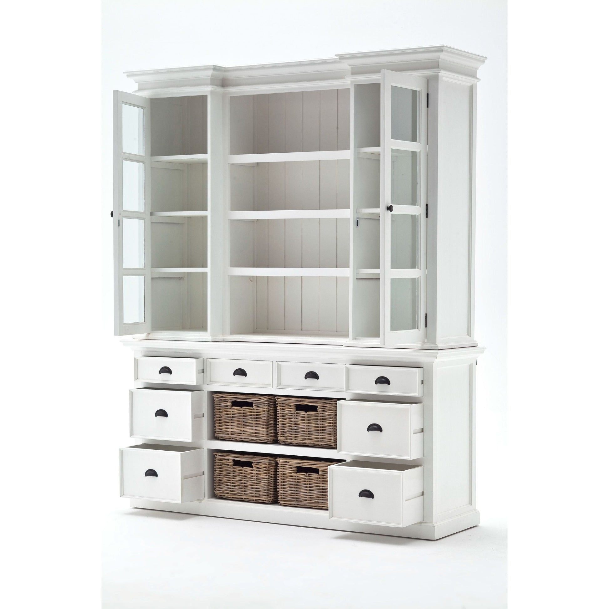 NovaSolo Halifax 71" Classic White Mahogany Library Hutch Cabinet With 4 Rattan Baskets