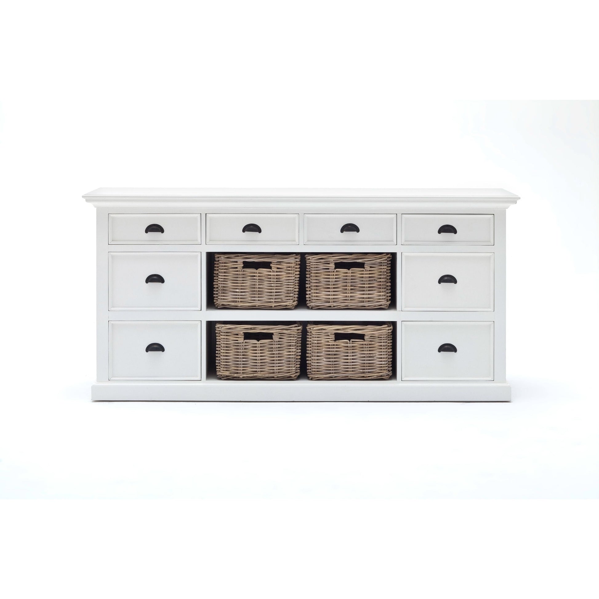 NovaSolo Halifax 71" Classic White Mahogany Library Hutch Cabinet With 4 Rattan Baskets