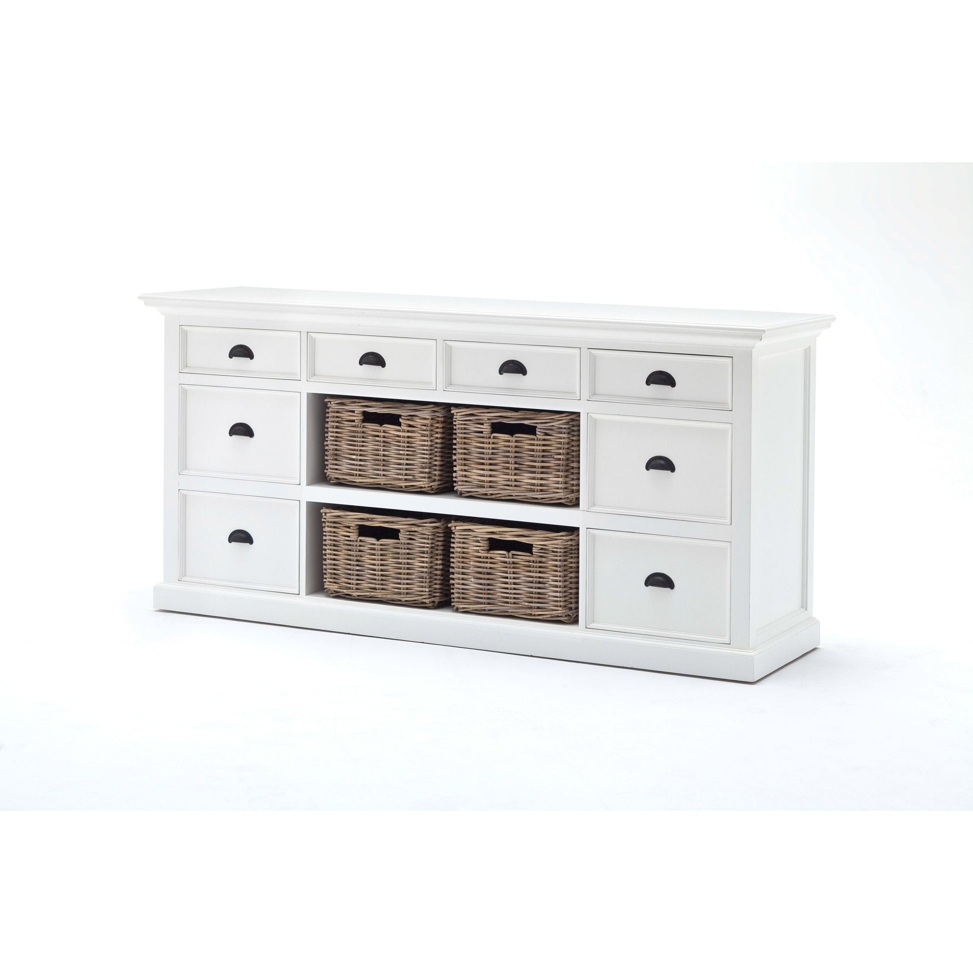 NovaSolo Halifax 71" Classic White Mahogany Library Hutch Cabinet With 4 Rattan Baskets