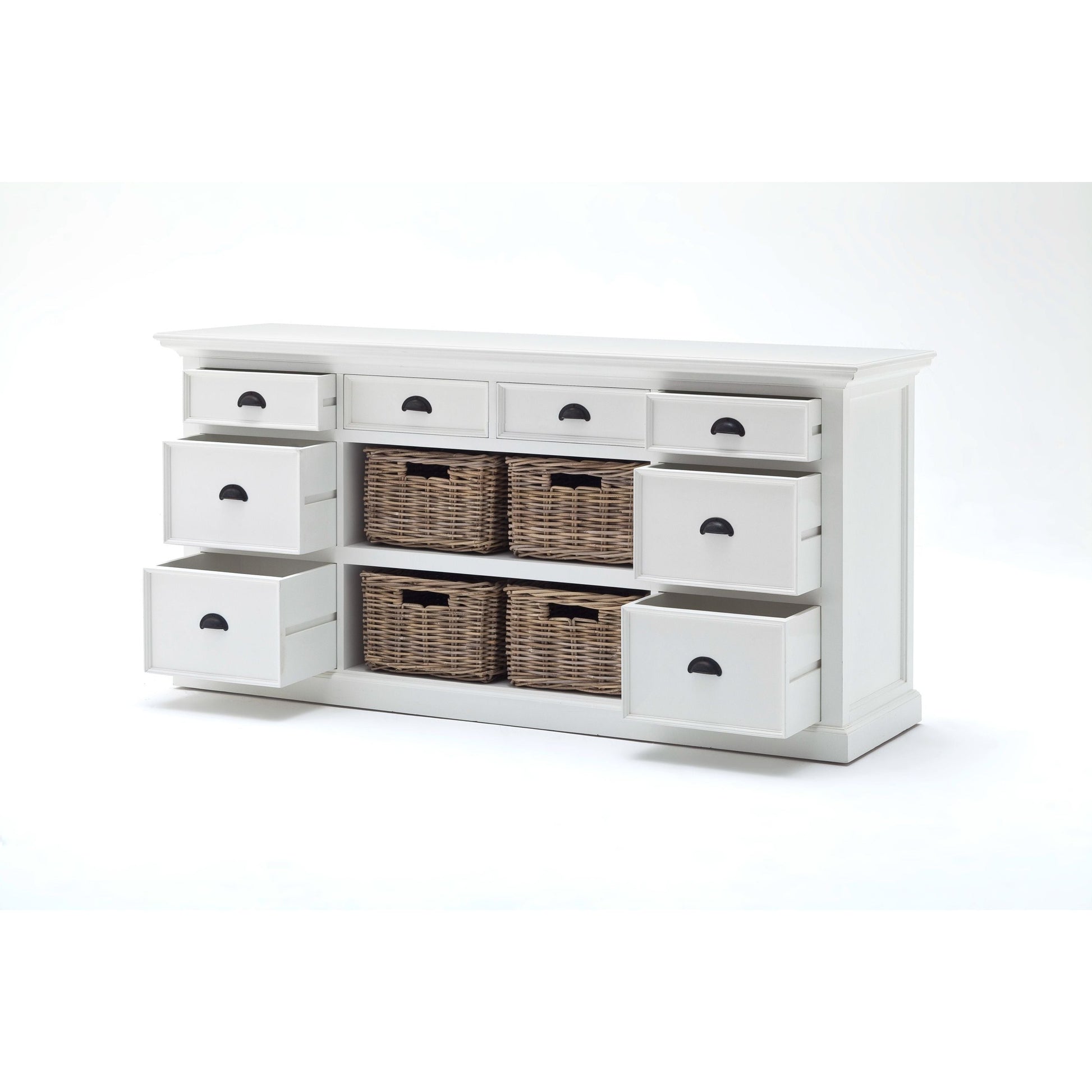 NovaSolo Halifax 71" Classic White Mahogany Library Hutch Cabinet With 4 Rattan Baskets