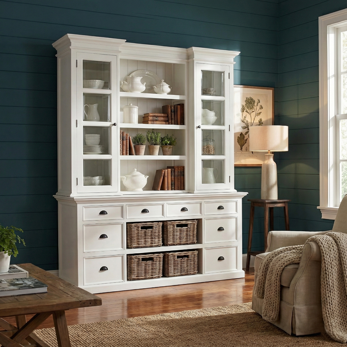 NovaSolo Halifax 71" Classic White Mahogany Library Hutch Cabinet With 4 Rattan Baskets