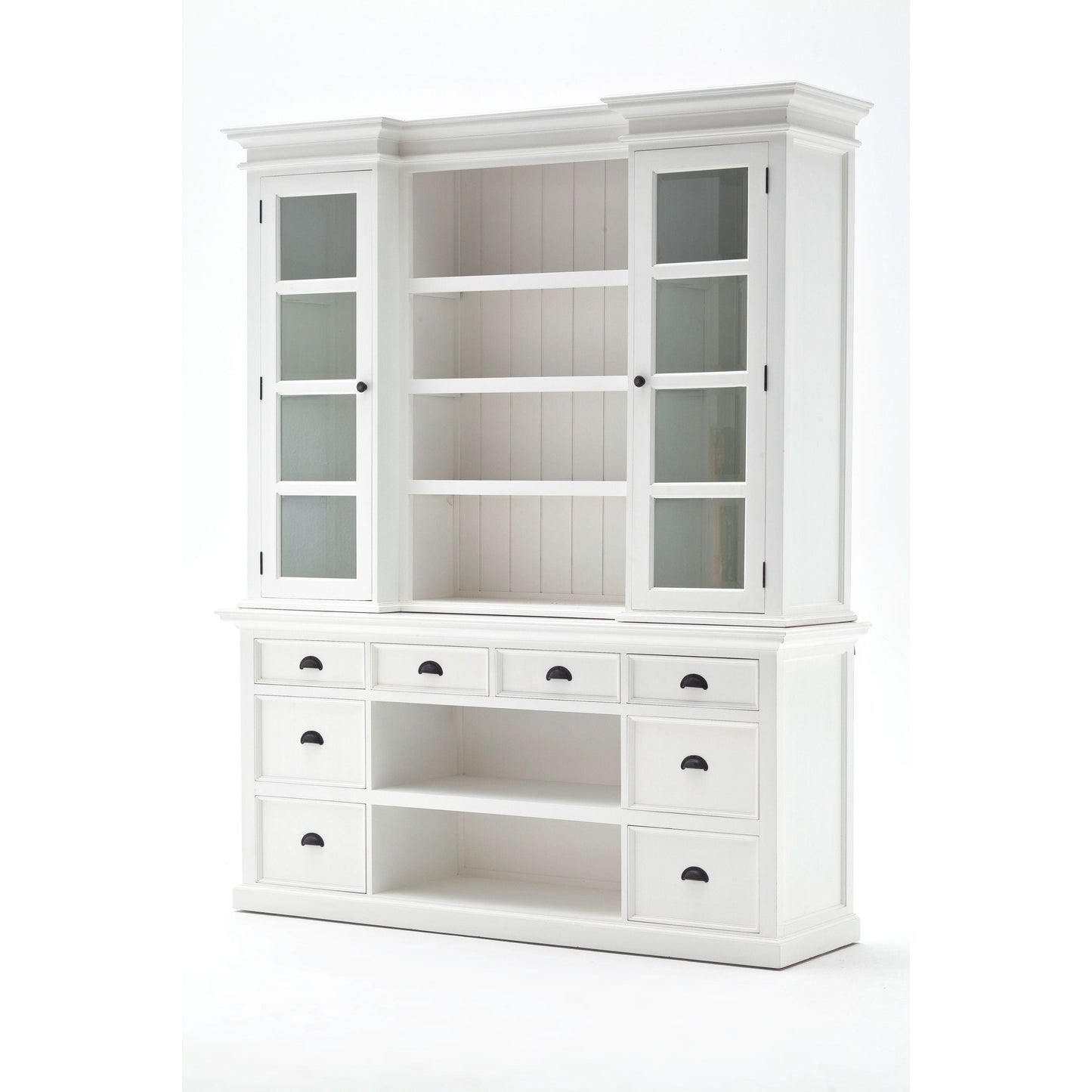 NovaSolo Halifax 71" Classic White Mahogany Library Hutch Cabinet With 4 Rattan Baskets