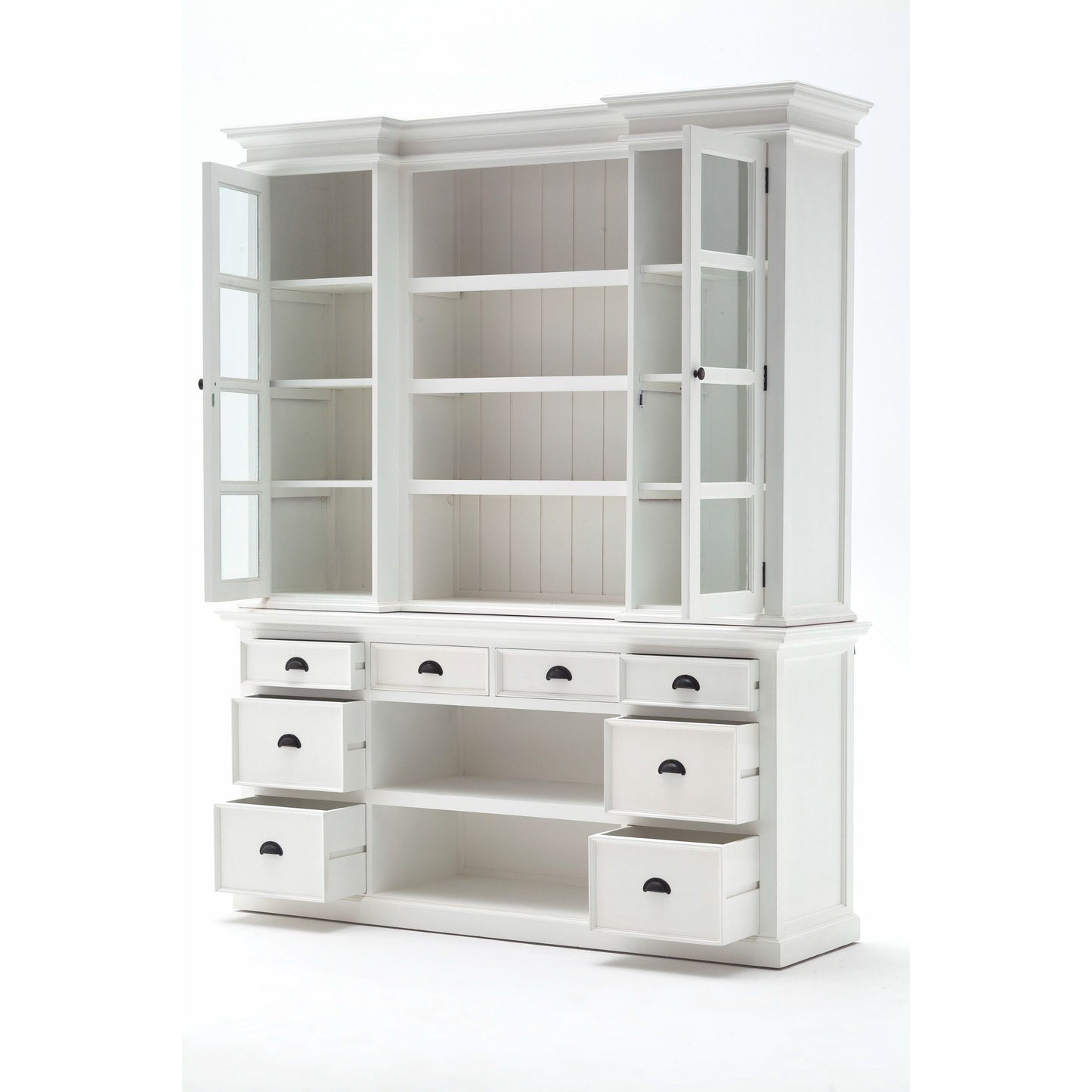 NovaSolo Halifax 71" Classic White Mahogany Library Hutch Cabinet With 4 Rattan Baskets