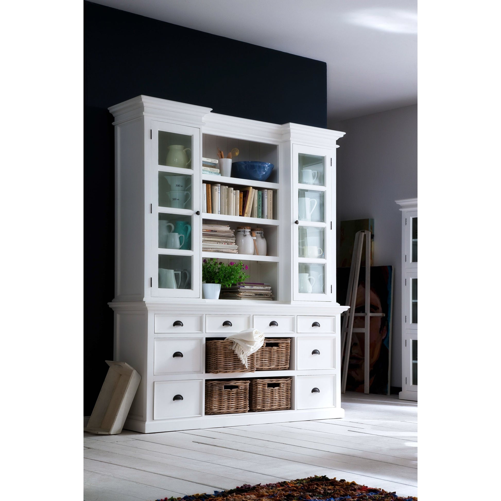 NovaSolo Halifax 71" Classic White Mahogany Library Hutch Cabinet With 4 Rattan Baskets