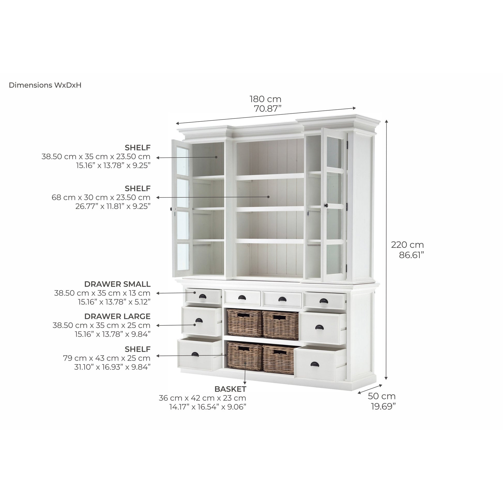 NovaSolo Halifax 71" Classic White Mahogany Library Hutch Cabinet With 4 Rattan Baskets