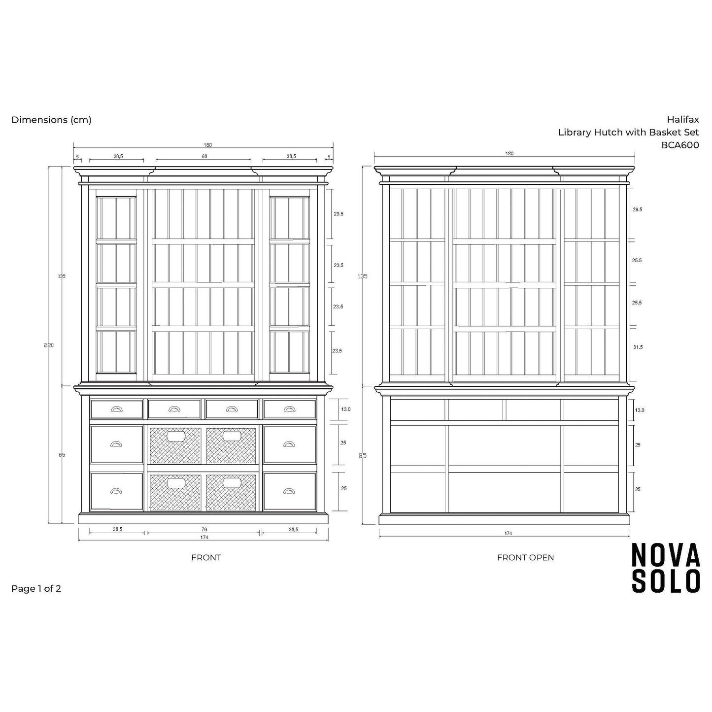 NovaSolo Halifax 71" Classic White Mahogany Library Hutch Cabinet With 4 Rattan Baskets