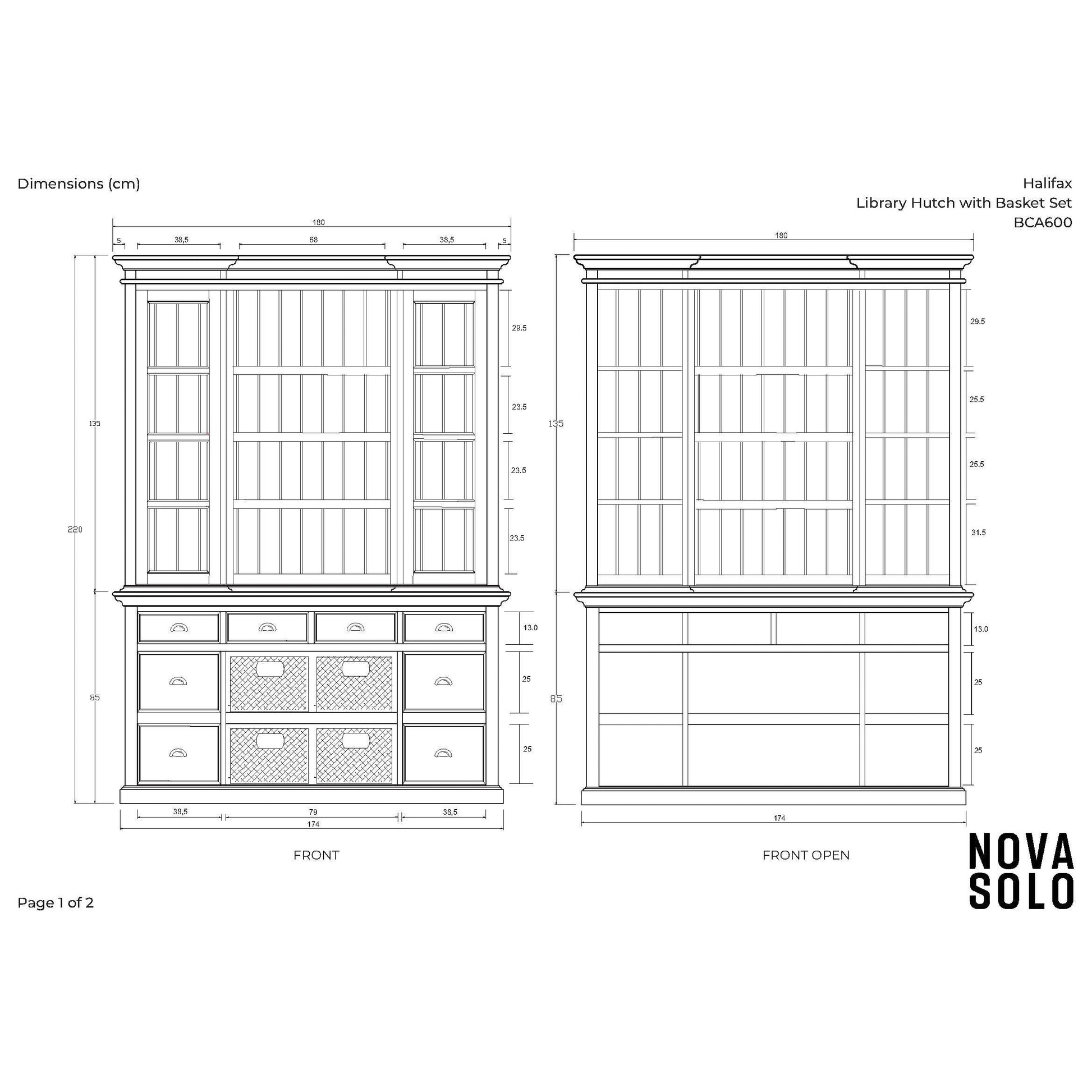 NovaSolo Halifax 71" Classic White Mahogany Library Hutch Cabinet With 4 Rattan Baskets