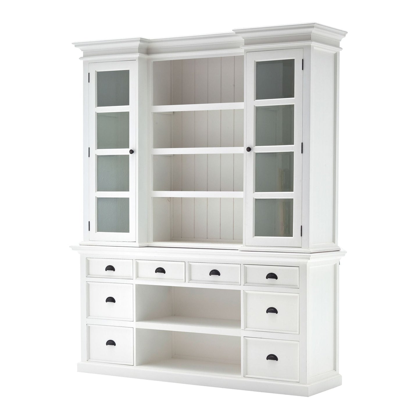 NovaSolo Halifax 71" Classic White Mahogany Library Hutch Cabinet With 4 Rattan Baskets