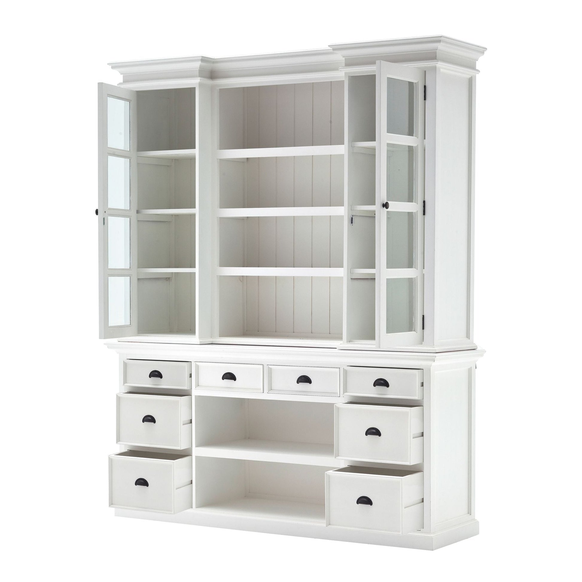 NovaSolo Halifax 71" Classic White Mahogany Library Hutch Cabinet With 4 Rattan Baskets