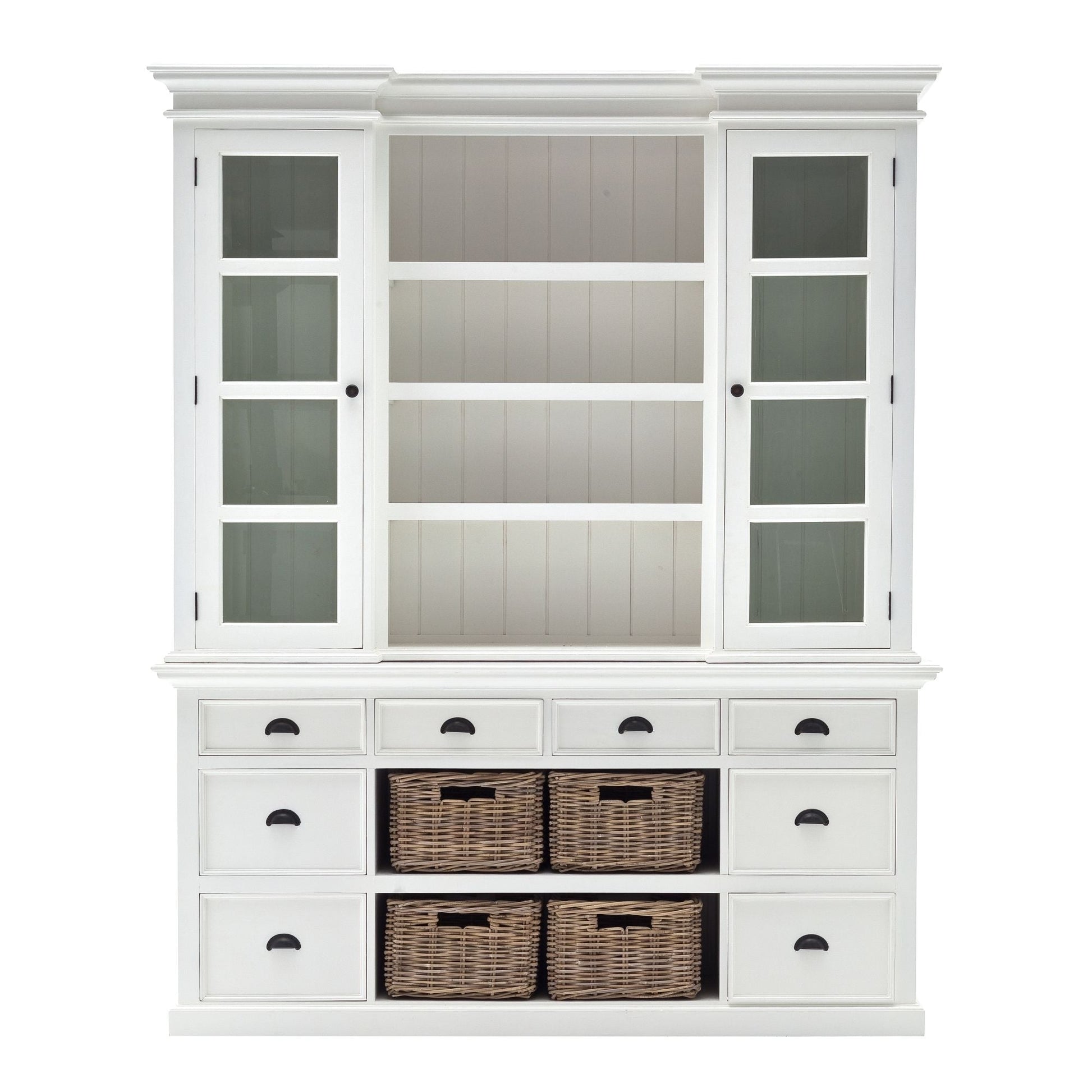 NovaSolo Halifax 71" Classic White Mahogany Library Hutch Cabinet With 4 Rattan Baskets