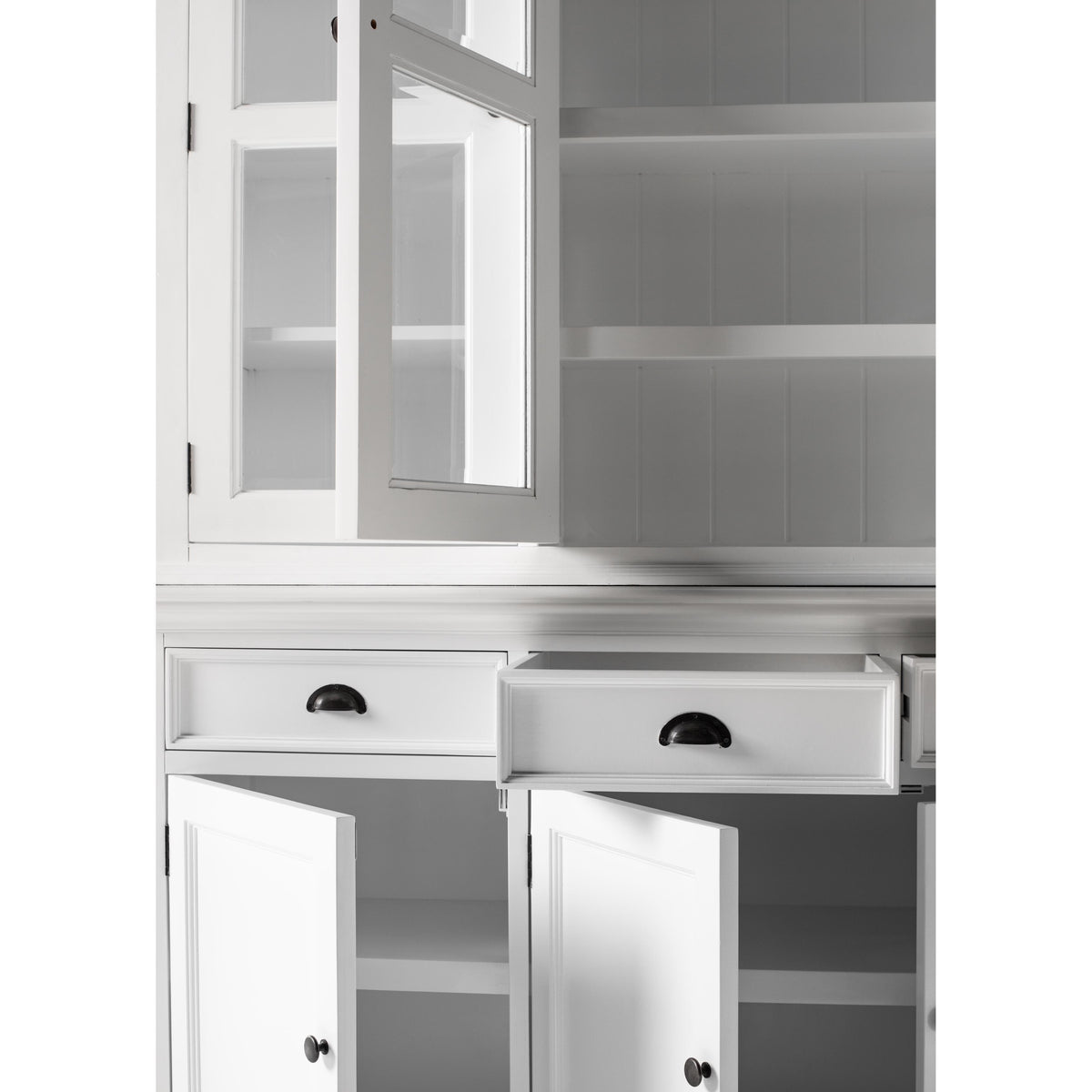 NovaSolo Halifax 79" Classic White Buffet Hutch Cabinet Unit With 4 Bevelled Glass Doors