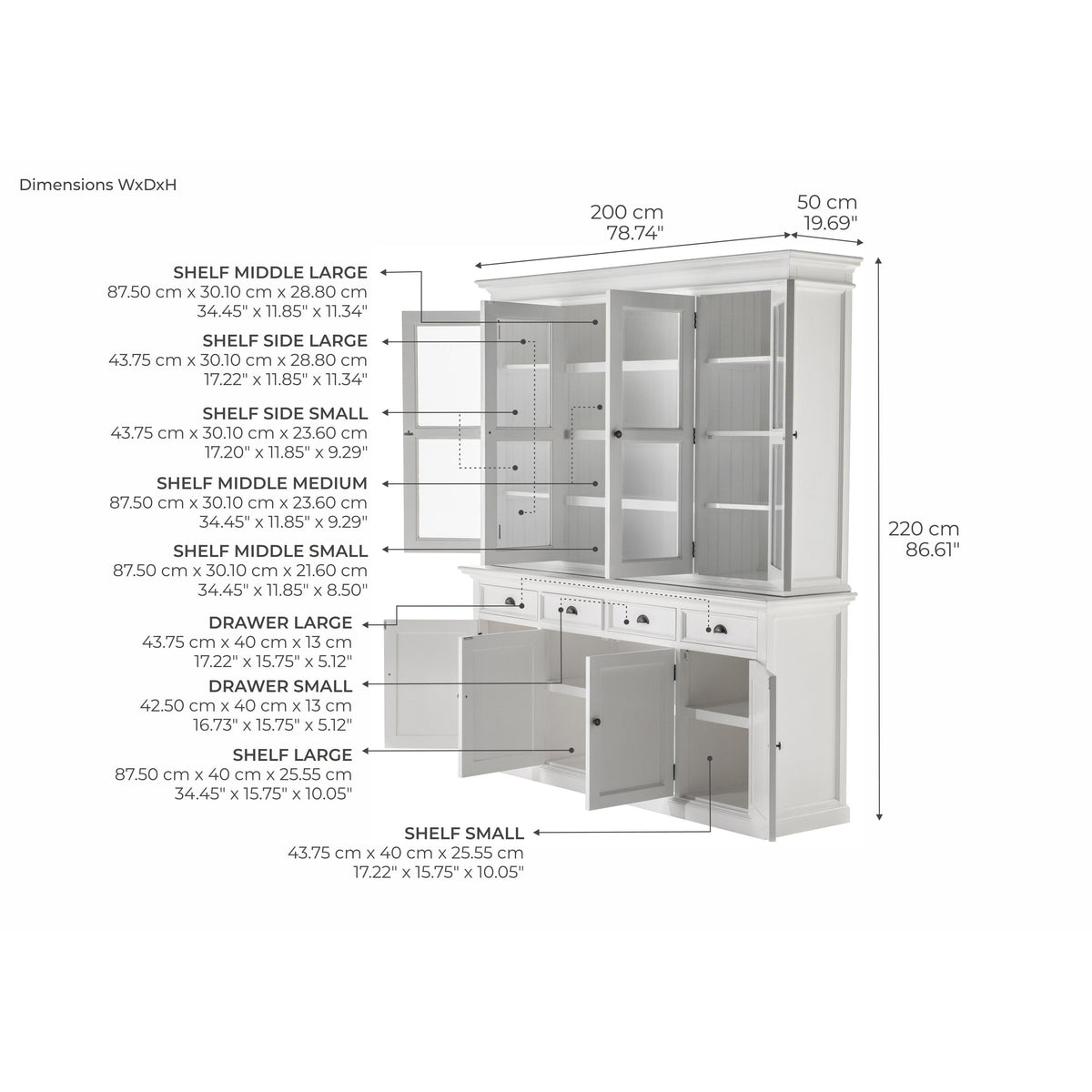 NovaSolo Halifax 79" Classic White Buffet Hutch Cabinet Unit With 4 Bevelled Glass Doors
