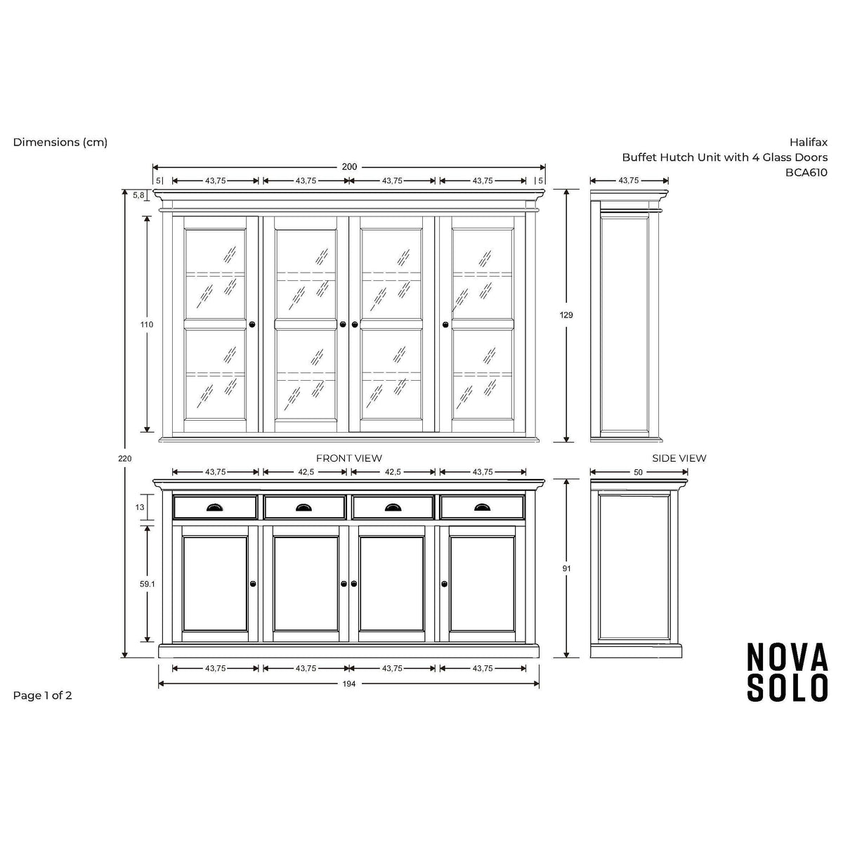 NovaSolo Halifax 79" Classic White Buffet Hutch Cabinet Unit With 4 Bevelled Glass Doors