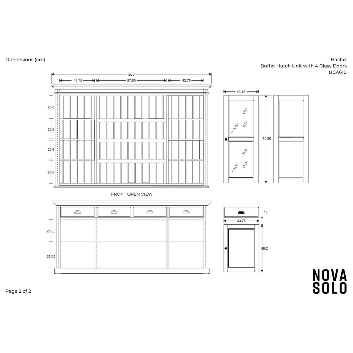 NovaSolo Halifax 79" Classic White Buffet Hutch Cabinet Unit With 4 Bevelled Glass Doors