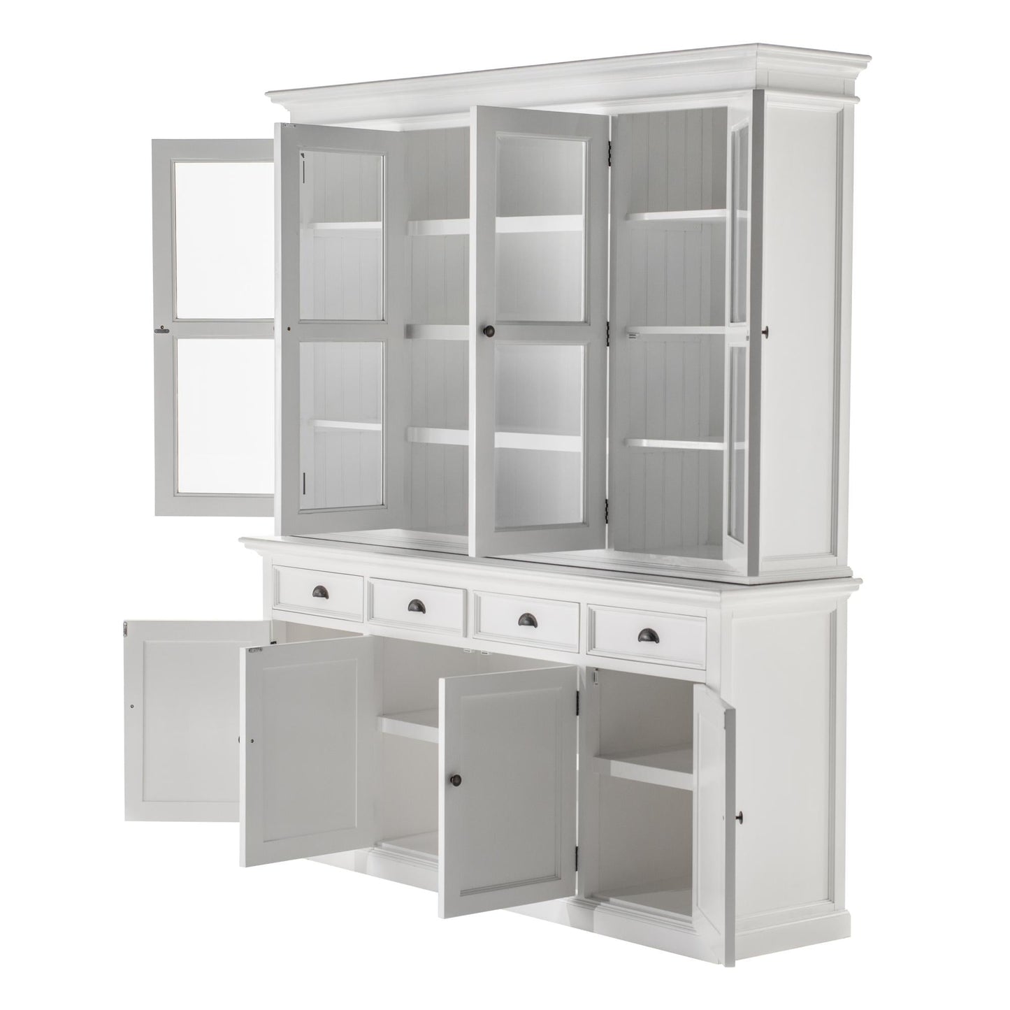NovaSolo Halifax 79" Classic White Buffet Hutch Cabinet Unit With 4 Bevelled Glass Doors