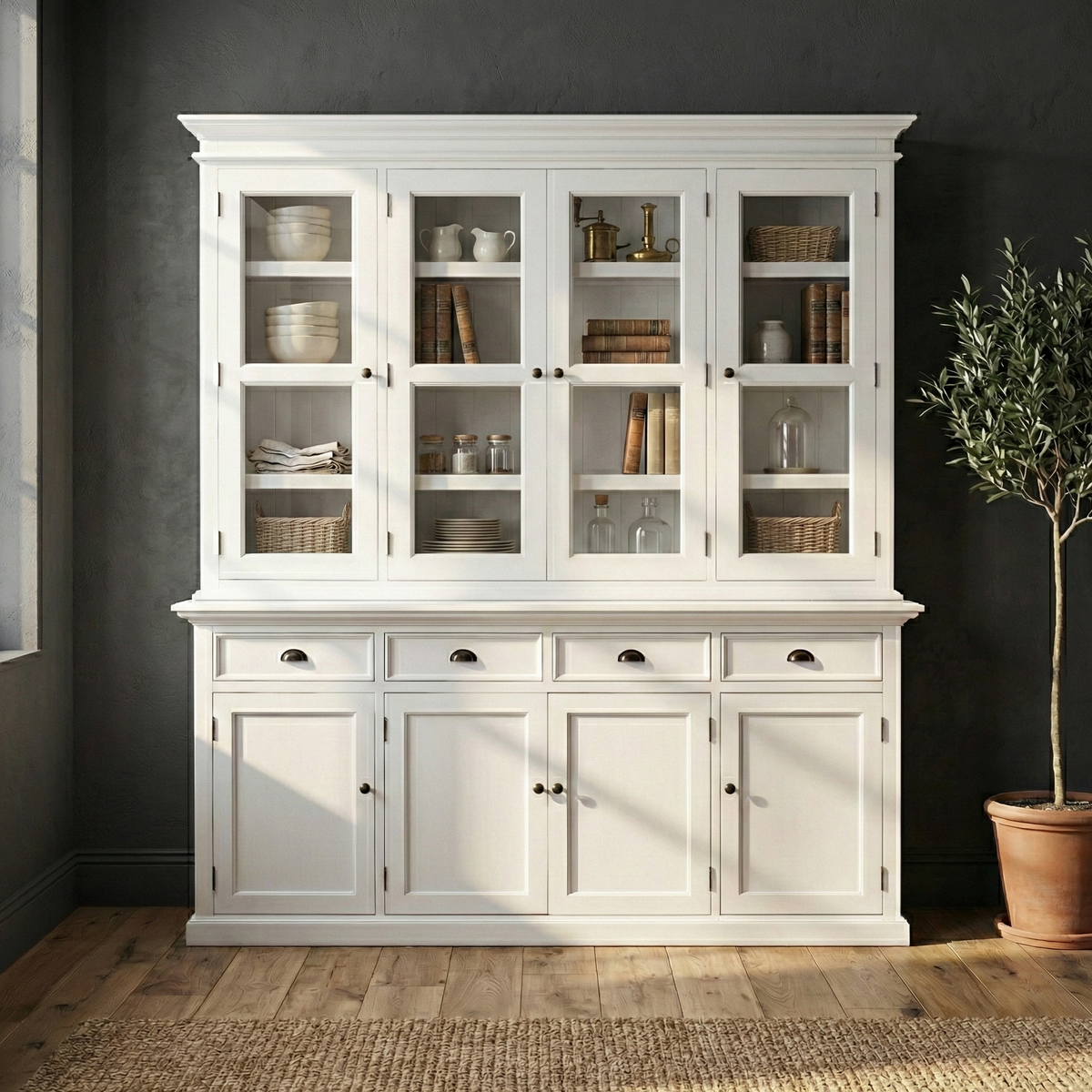 NovaSolo Halifax 79" Classic White Buffet Hutch Cabinet Unit With 4 Bevelled Glass Doors