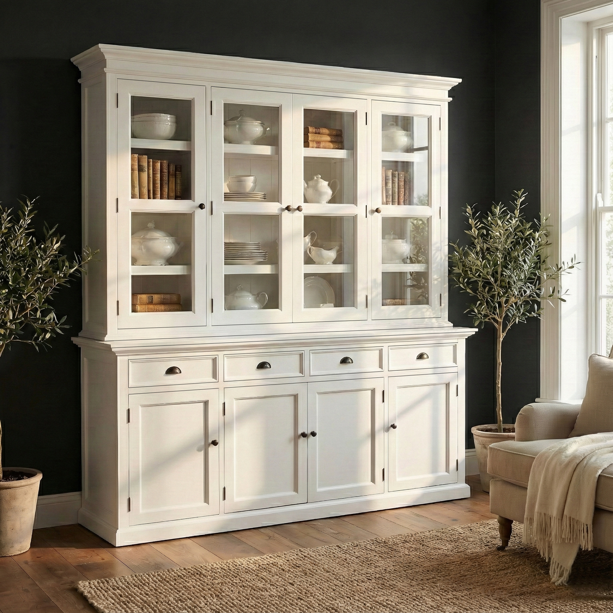 NovaSolo Halifax 79" Classic White Buffet Hutch Cabinet Unit With 4 Bevelled Glass Doors