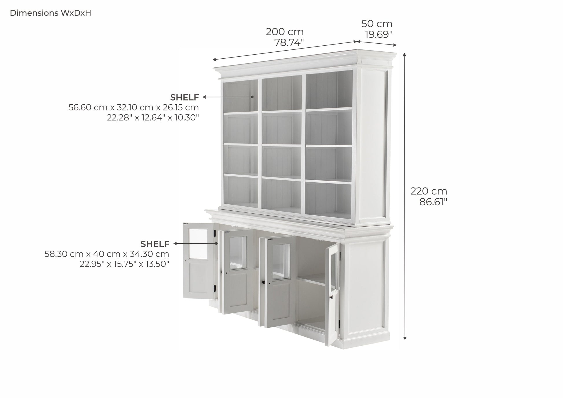 NovaSolo Halifax 79" Classic White Hutch Cabinet Unit With 6 Bevelled Glass Doors