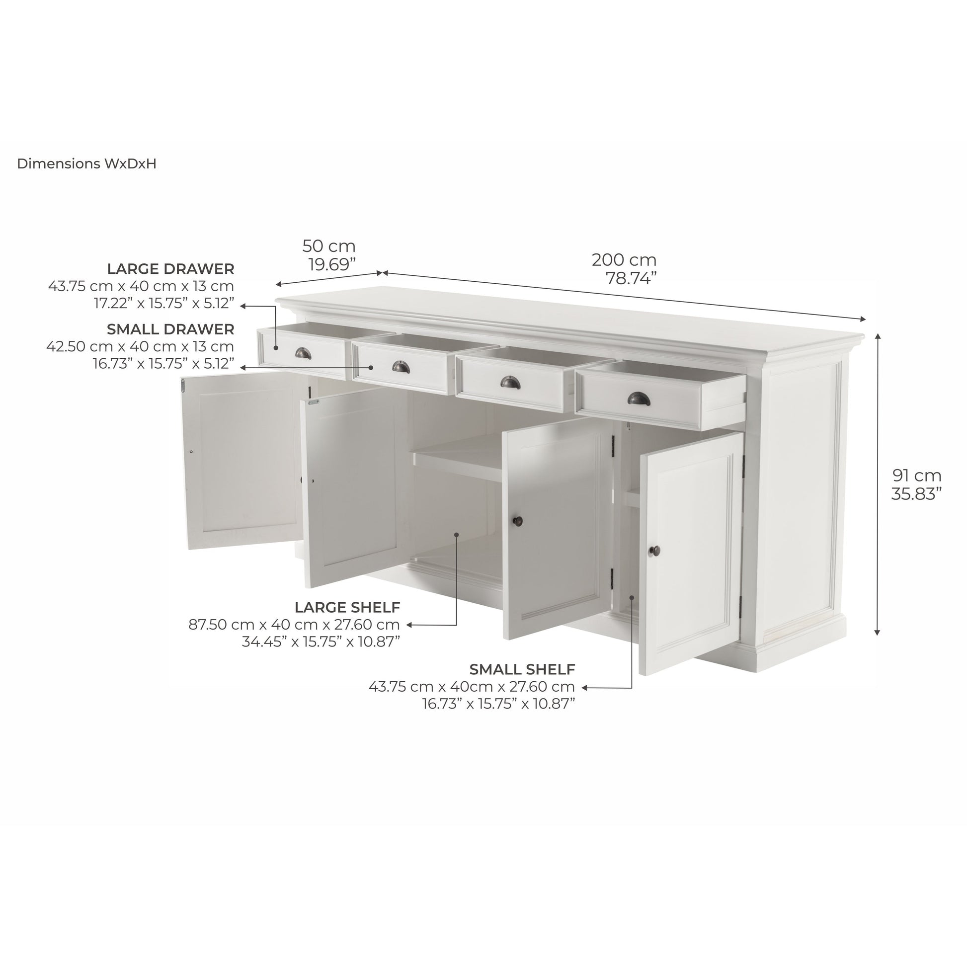 NovaSolo Halifax 79" Classic White Mahogany Buffet With 4 Doors & 4 Drawers