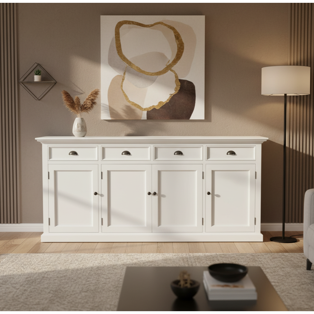 NovaSolo Halifax 79" Classic White Mahogany Buffet With 4 Doors & 4 Drawers