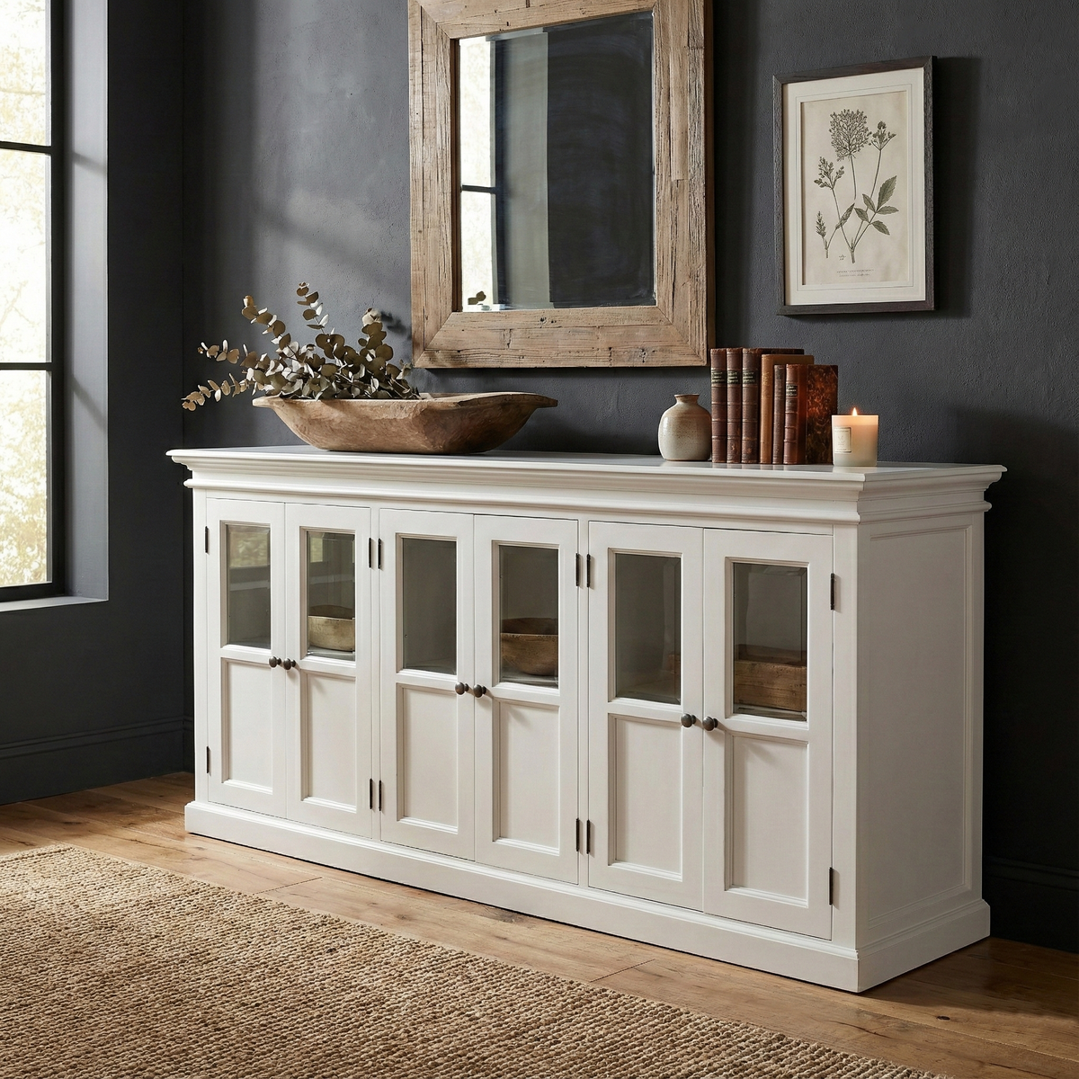NovaSolo Halifax 79" Classic White Mahogany Buffet With 6 Glass Doors